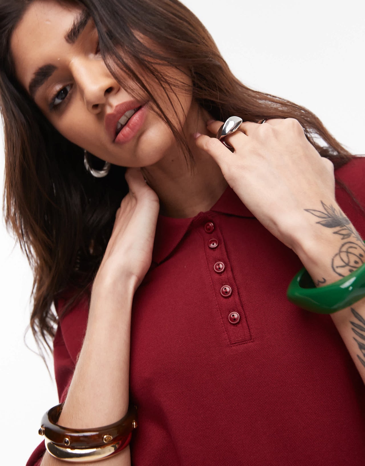 Topshop short sleeve boxy polo in burgundy