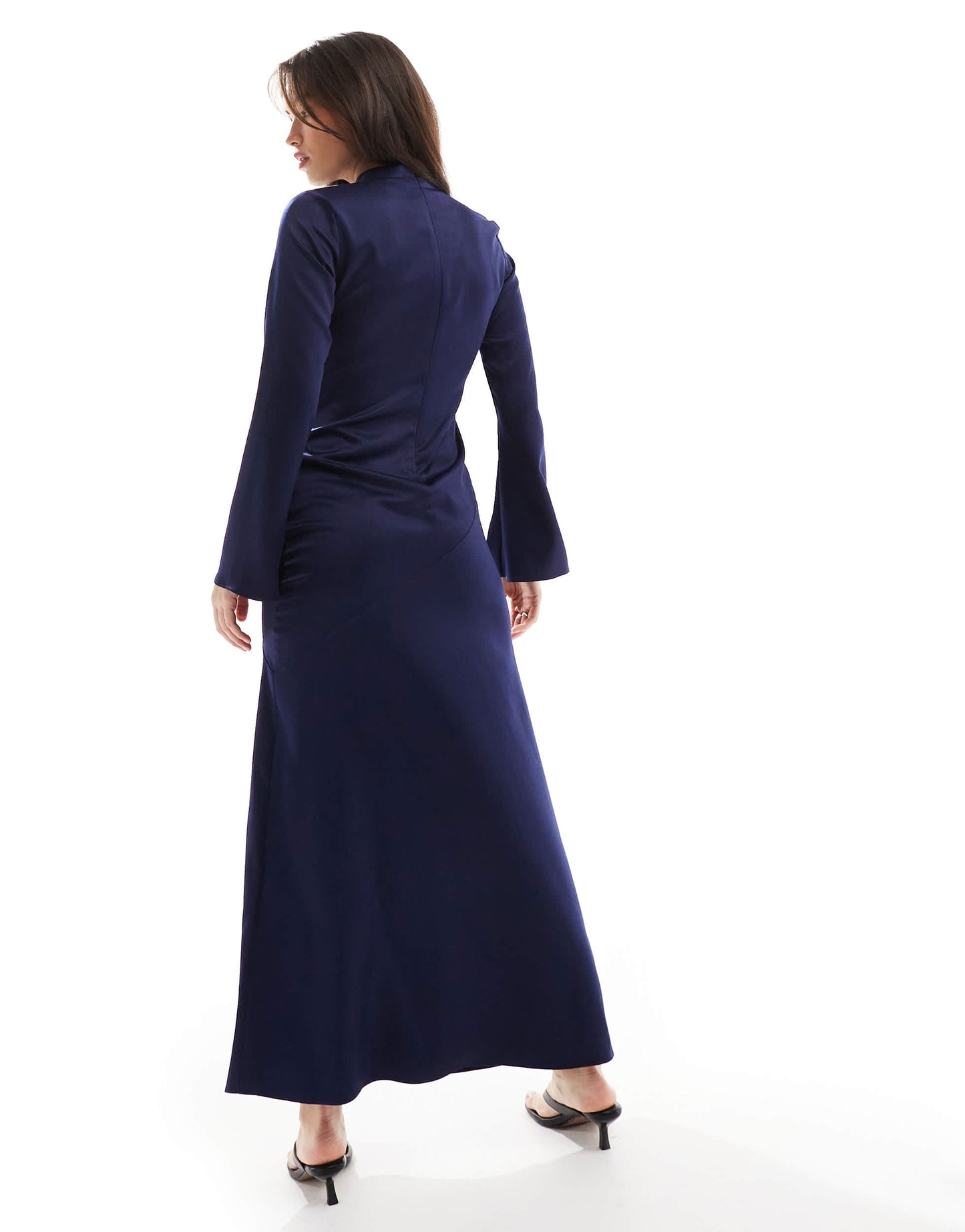 Closet London long sleeve satin drape maxi dress in navy