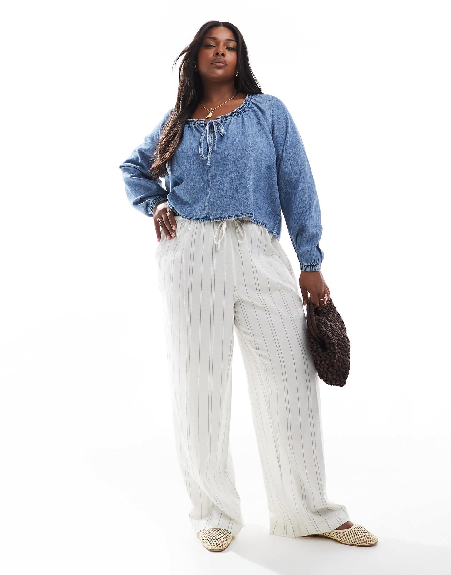 ASOS DESIGN Curve denim balloon sleeve blouse with linen in midwash blue