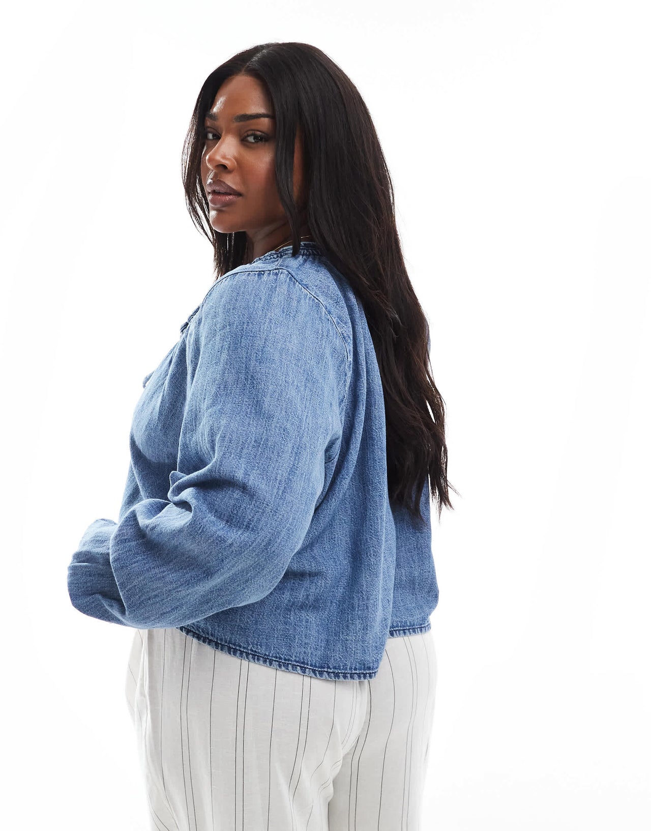 ASOS DESIGN Curve denim balloon sleeve blouse with linen in midwash blue