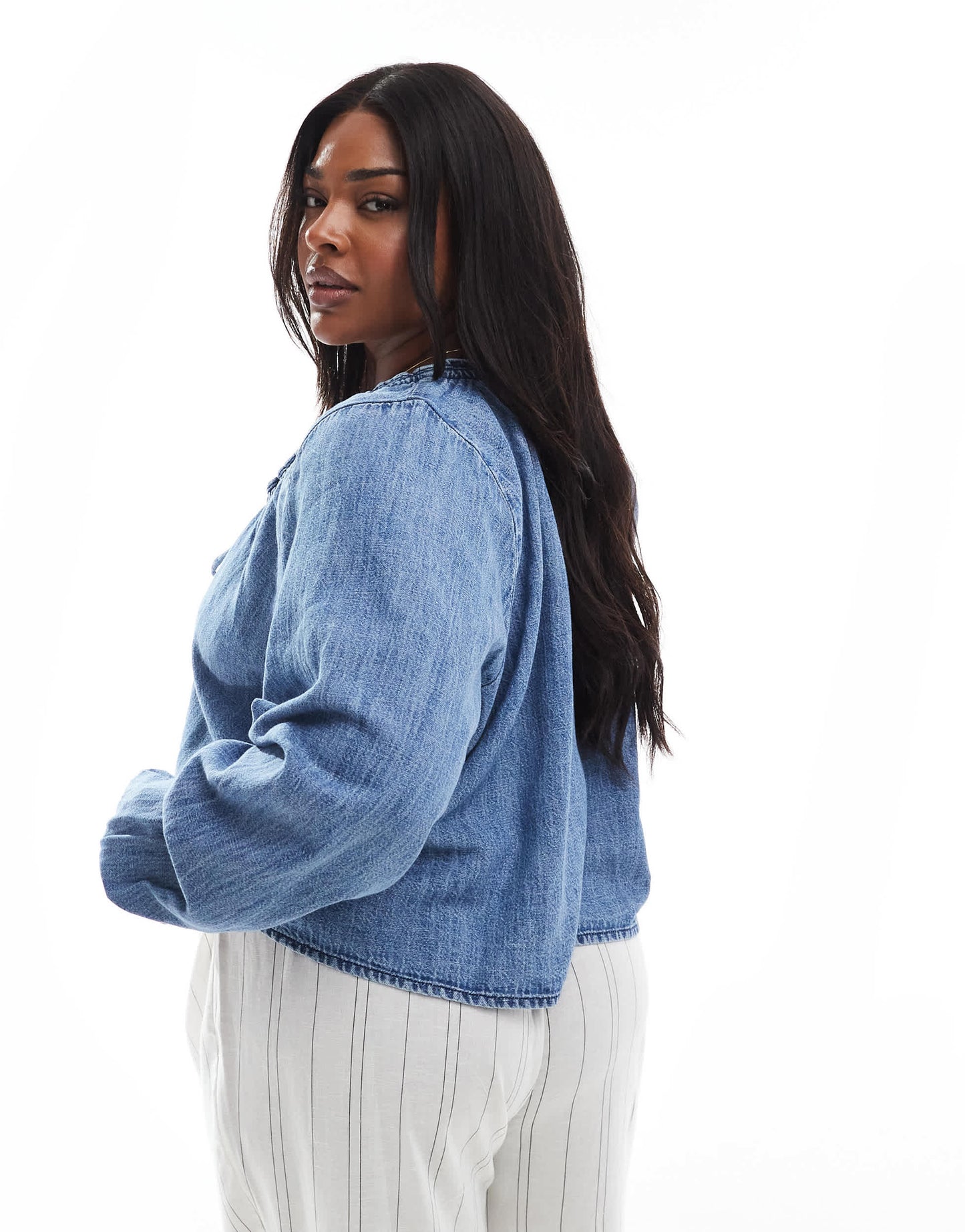 ASOS DESIGN Curve denim balloon sleeve blouse with linen in midwash blue