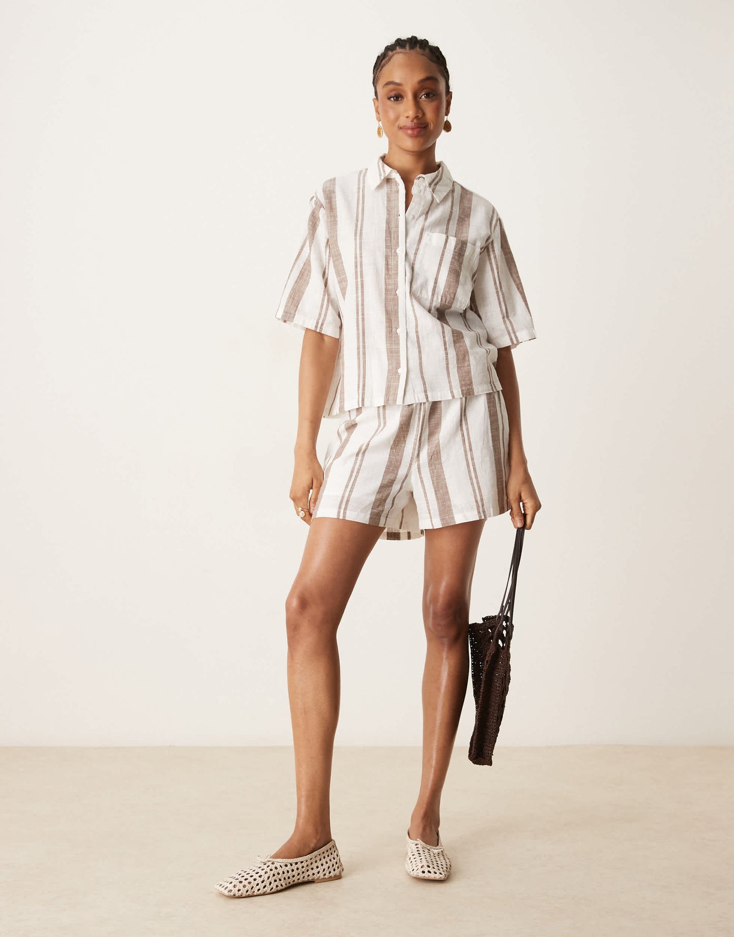 JDY Tall boxy shirt co-ord in beige stripes