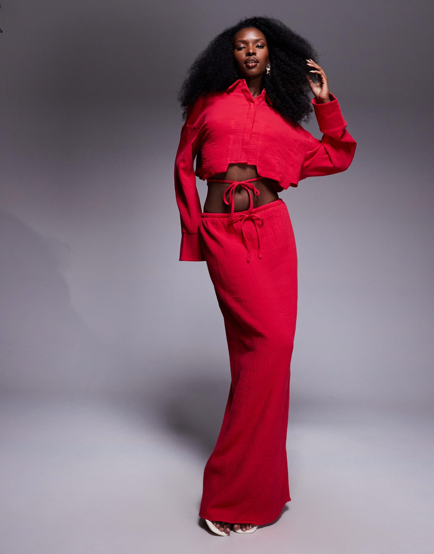 Kaiia exclusive textured cotton drawstring maxi skirt co-ord in red