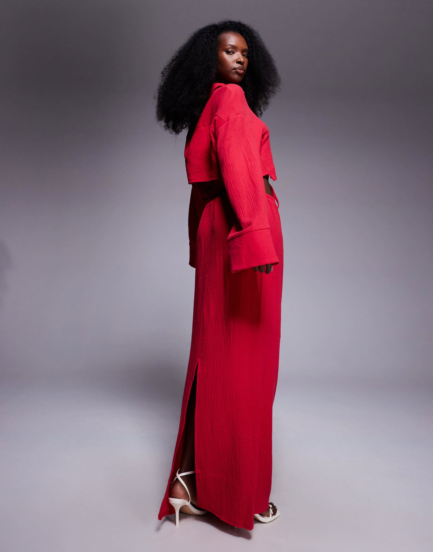 Kaiia exclusive textured cotton drawstring maxi skirt co-ord in red