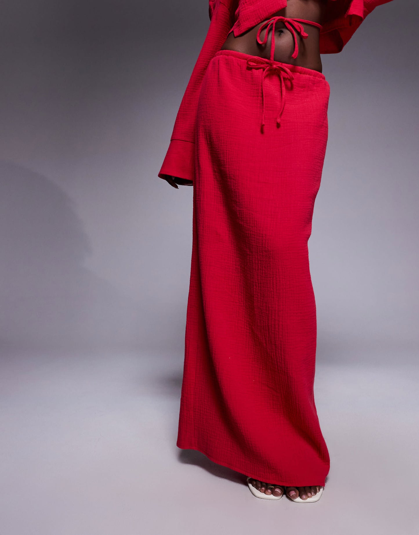 Kaiia exclusive textured cotton drawstring maxi skirt co-ord in red