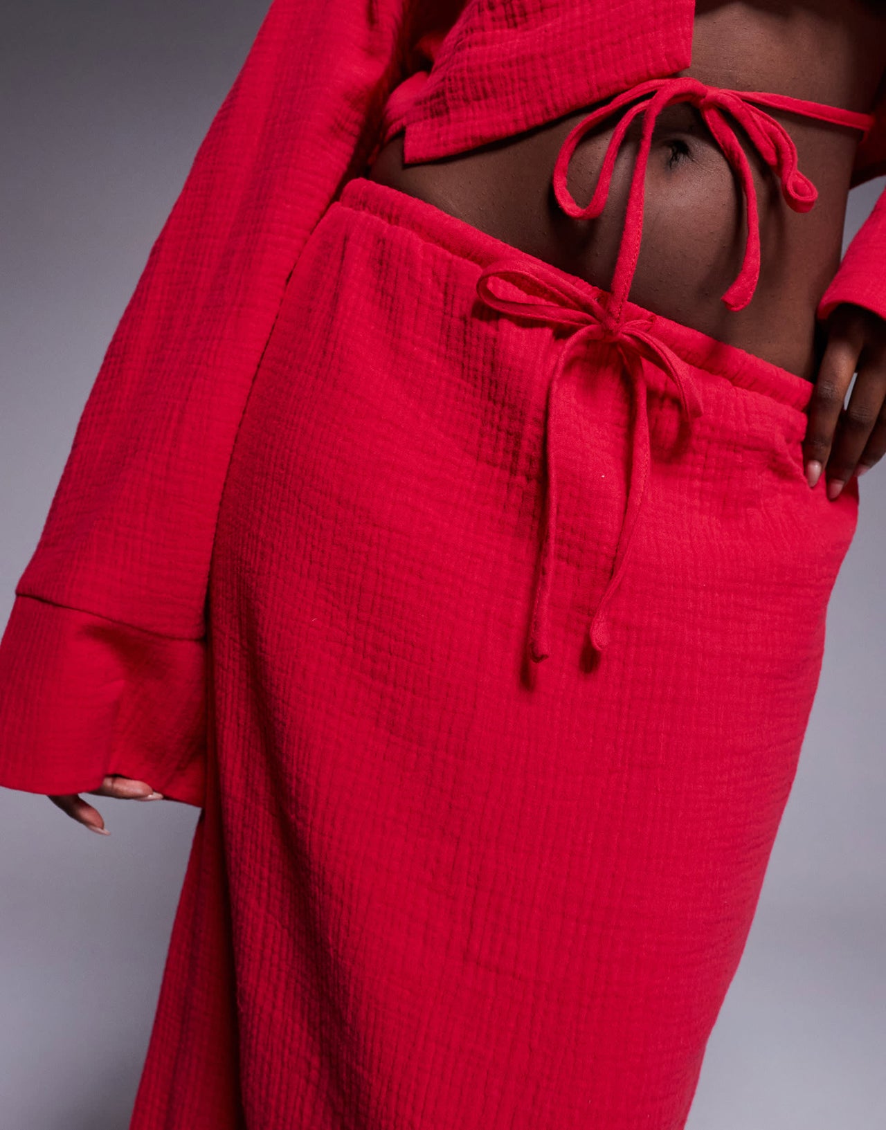 Kaiia exclusive textured cotton drawstring maxi skirt co-ord in red