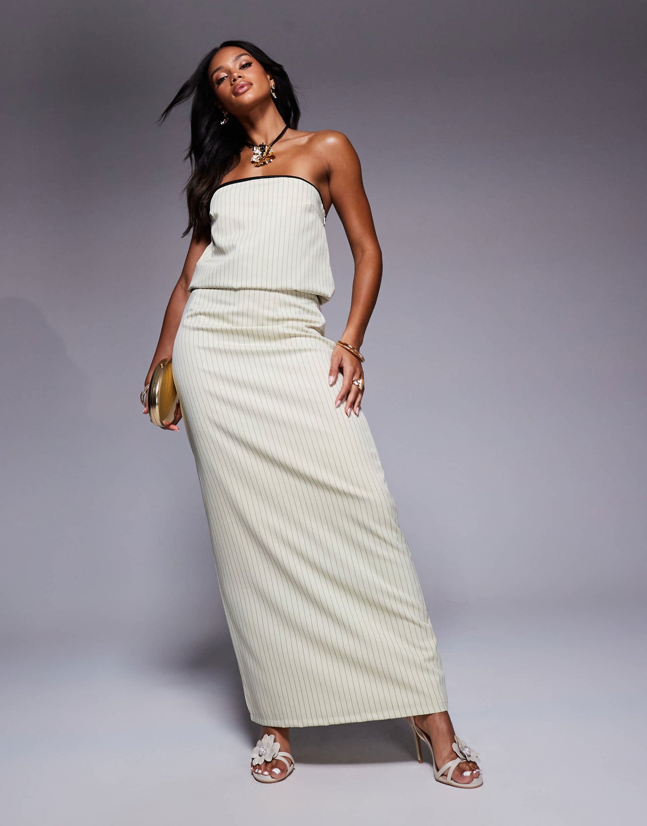Kaiia exclusive maxi skirt co-ord in cream pinstripe