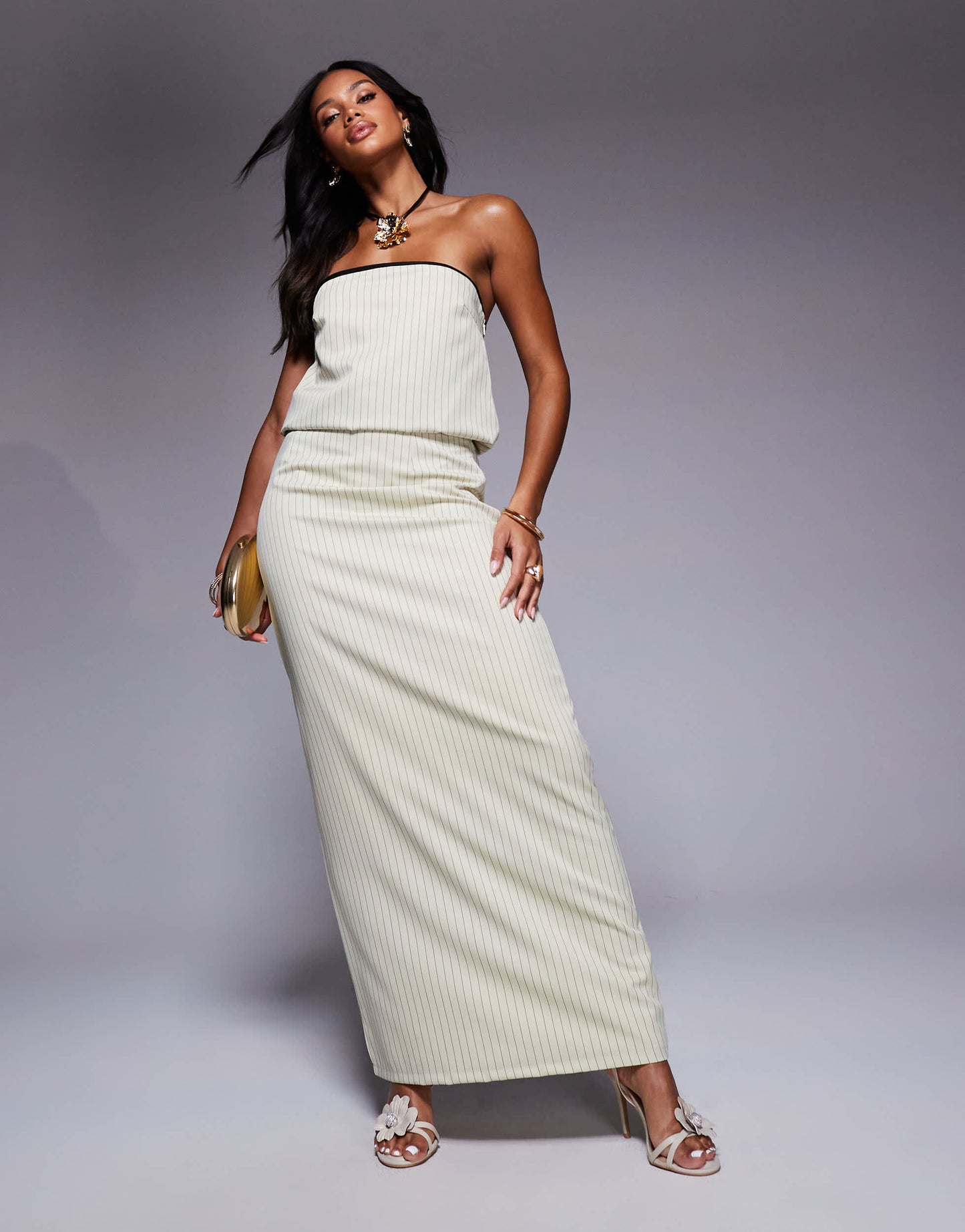 Kaiia exclusive maxi skirt co-ord in cream pinstripe