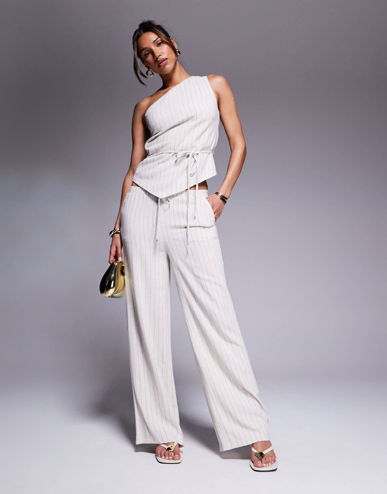 Kaiia exclusive linen look one shoulder tie waist scarf hem top co-ord in beige pinstripe