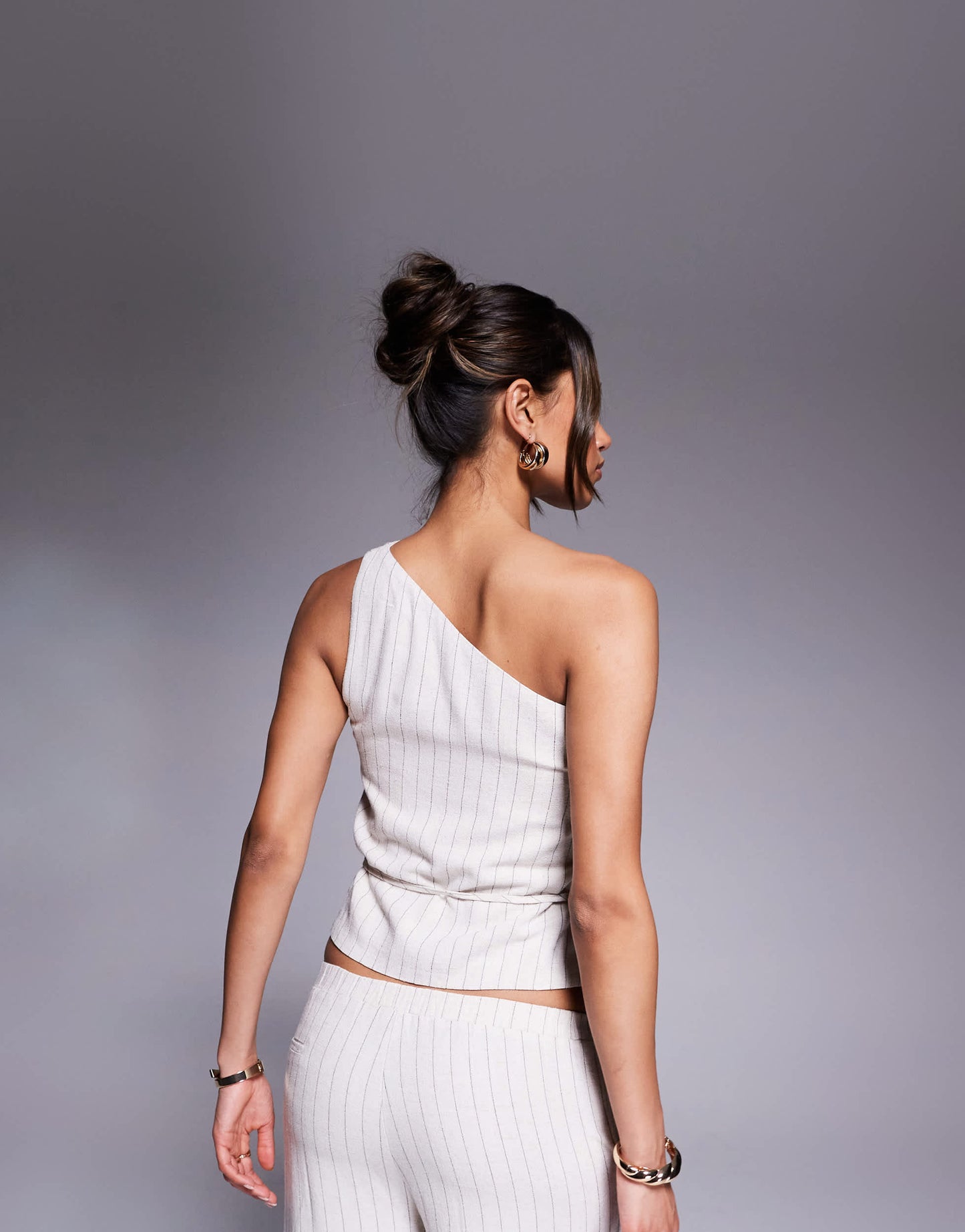Kaiia exclusive linen look one shoulder tie waist scarf hem top co-ord in beige pinstripe