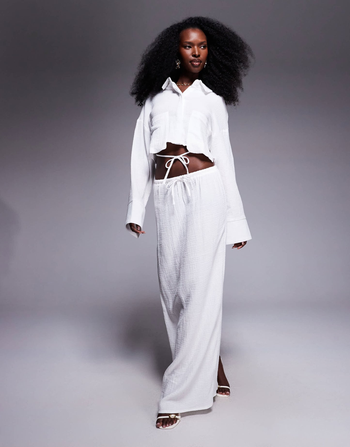 Kaiia exclusive textured cotton drawstring maxi skirt co-ord in white