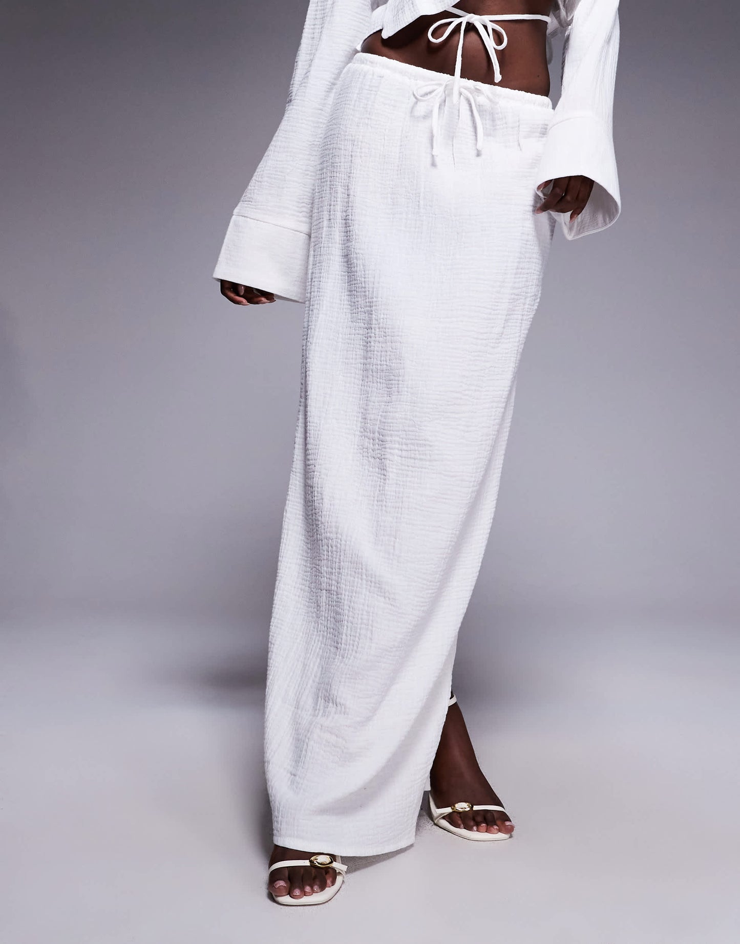 Kaiia exclusive textured cotton drawstring maxi skirt co-ord in white