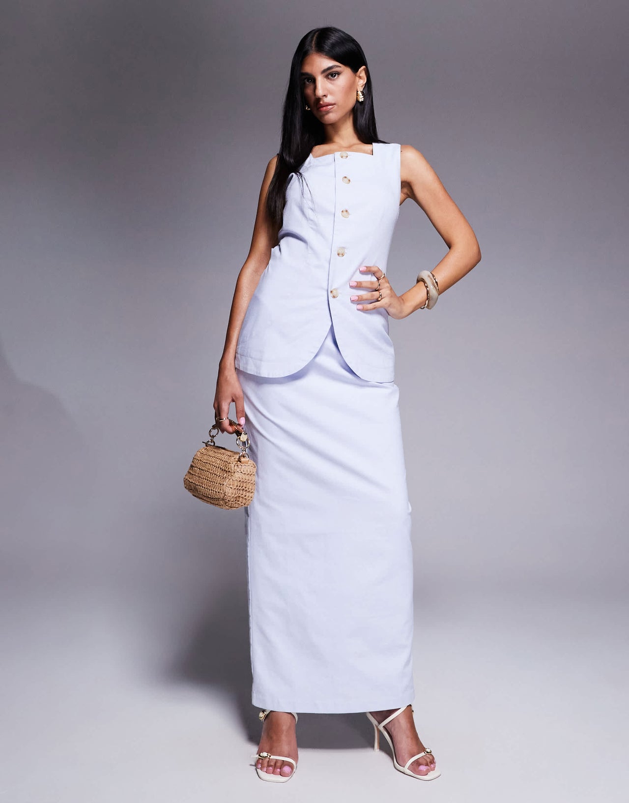 Kaiia exclusive cotton rich linen look high neck waistcoat co-ord in dusty blue