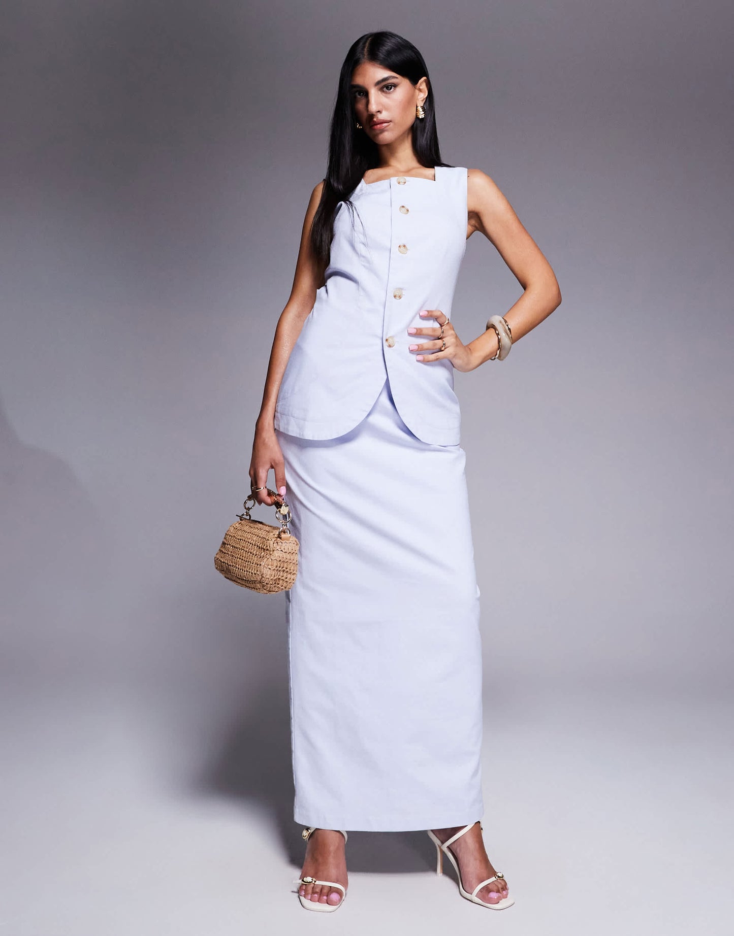 Kaiia exclusive cotton rich linen look high neck waistcoat co-ord in dusty blue