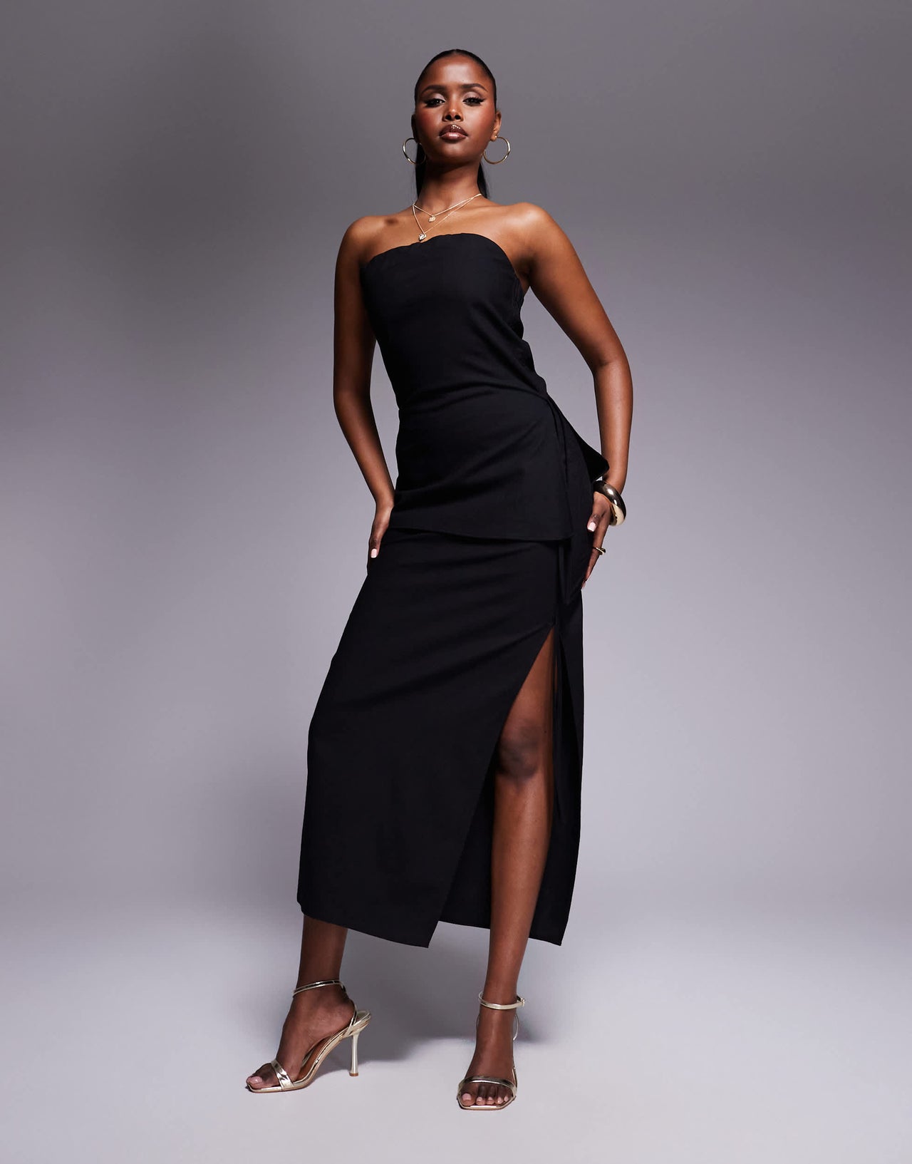 Kaiia exclusive cotton blend linen look side split tie detail midaxi skirt co-ord in black