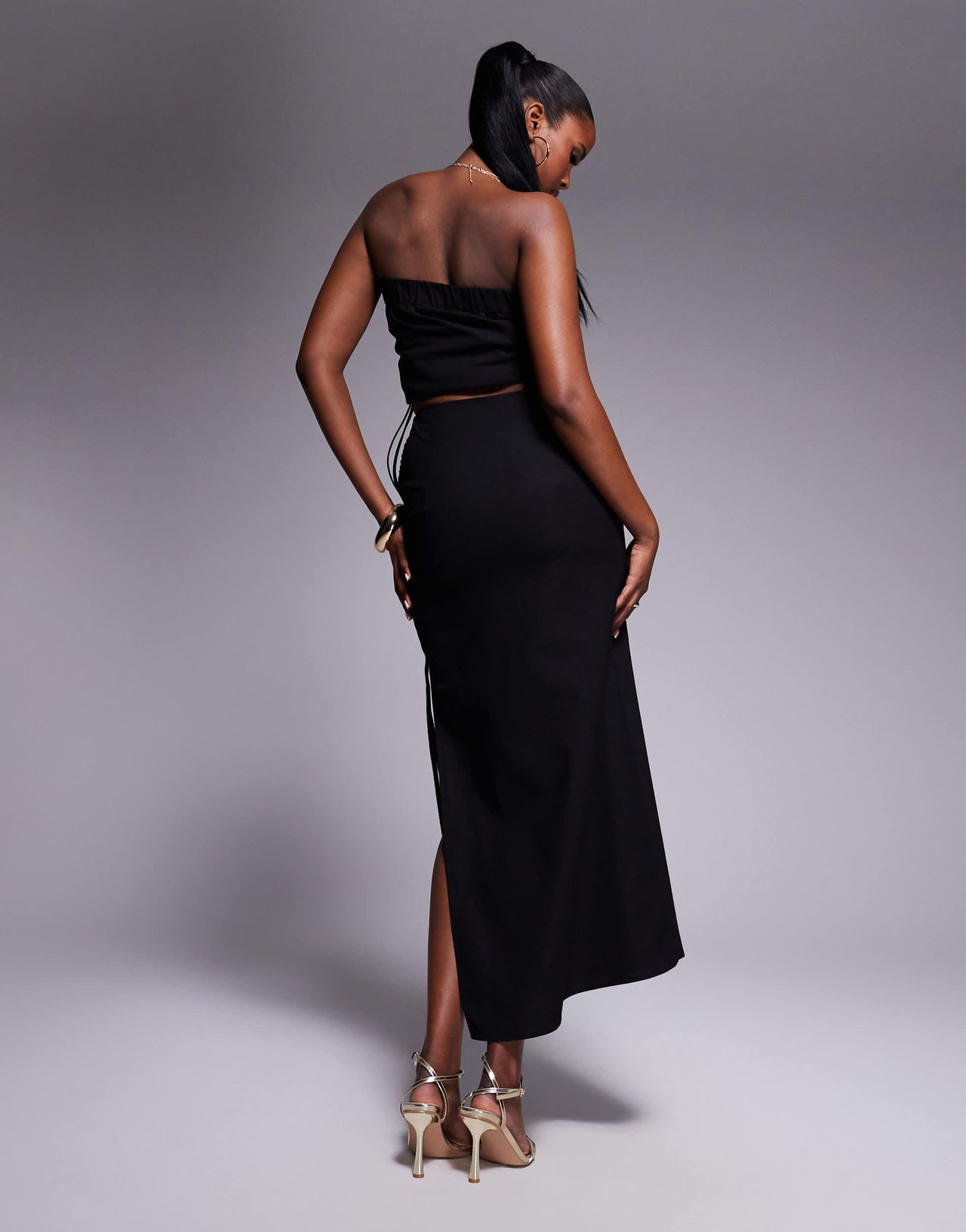 Kaiia exclusive cotton blend linen look side split tie detail midaxi skirt co-ord in black
