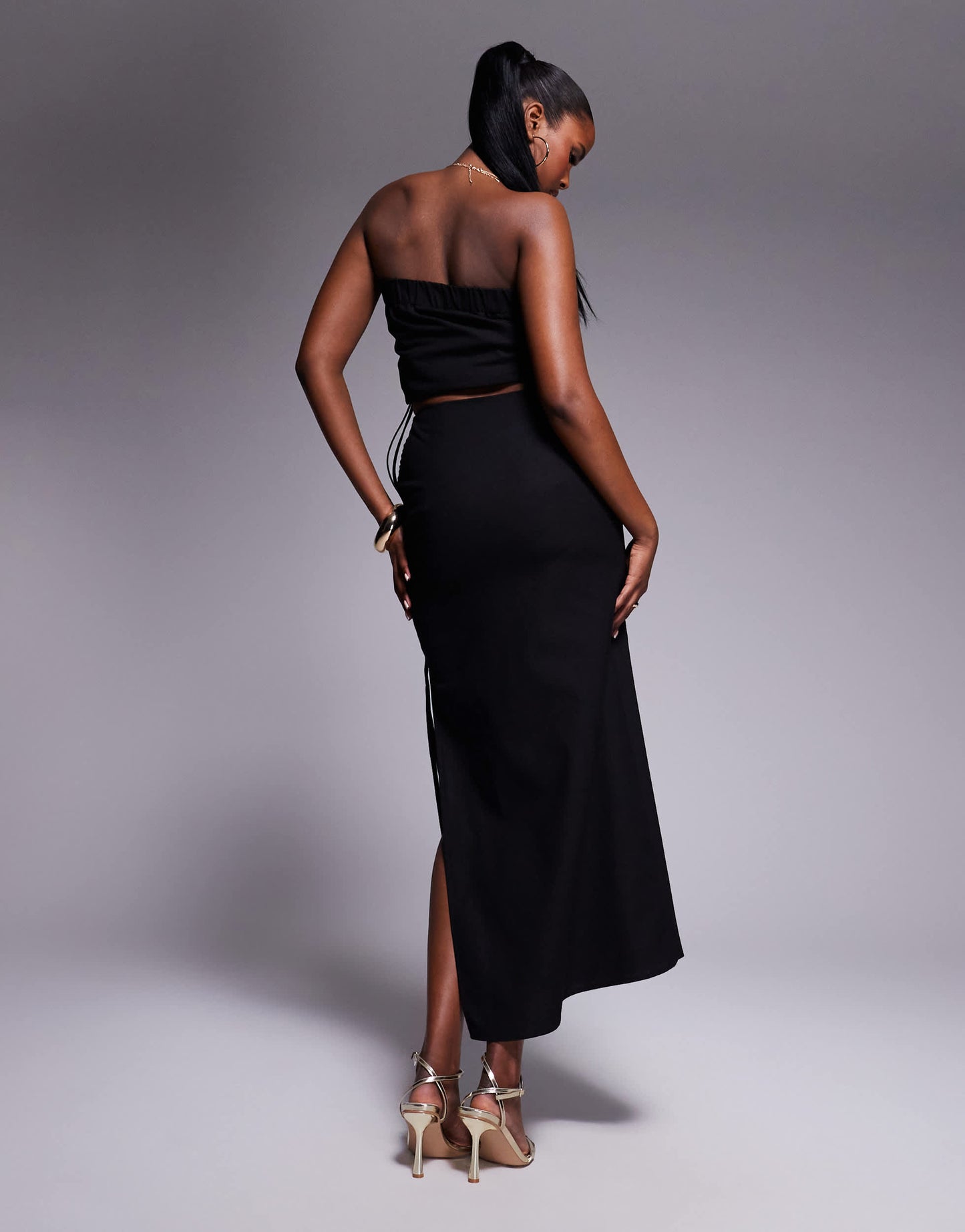Kaiia exclusive cotton blend linen look side split tie detail midaxi skirt co-ord in black