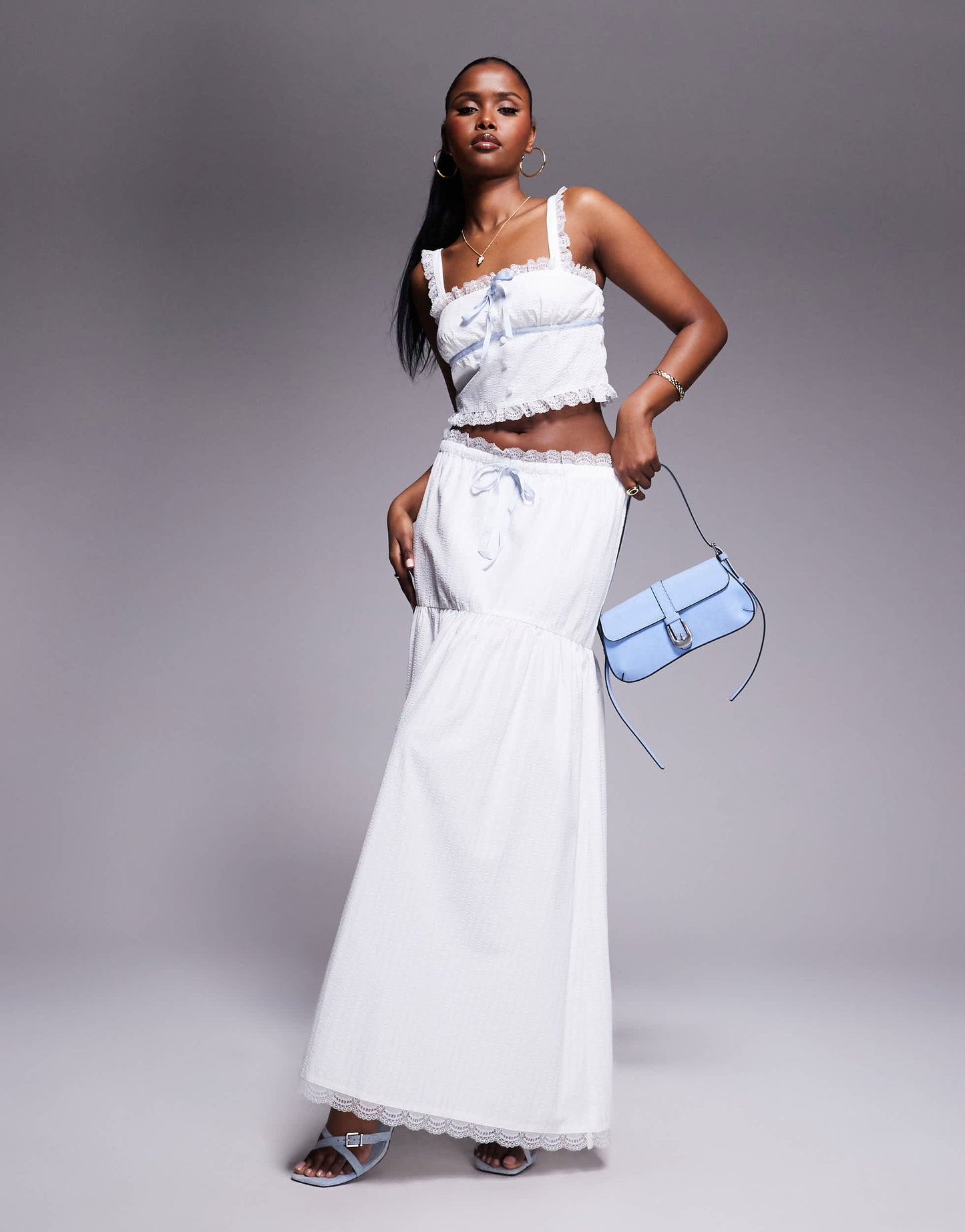 Kaiia exclusive textured lace trim contrast blue tie detail crop top co-ord in white