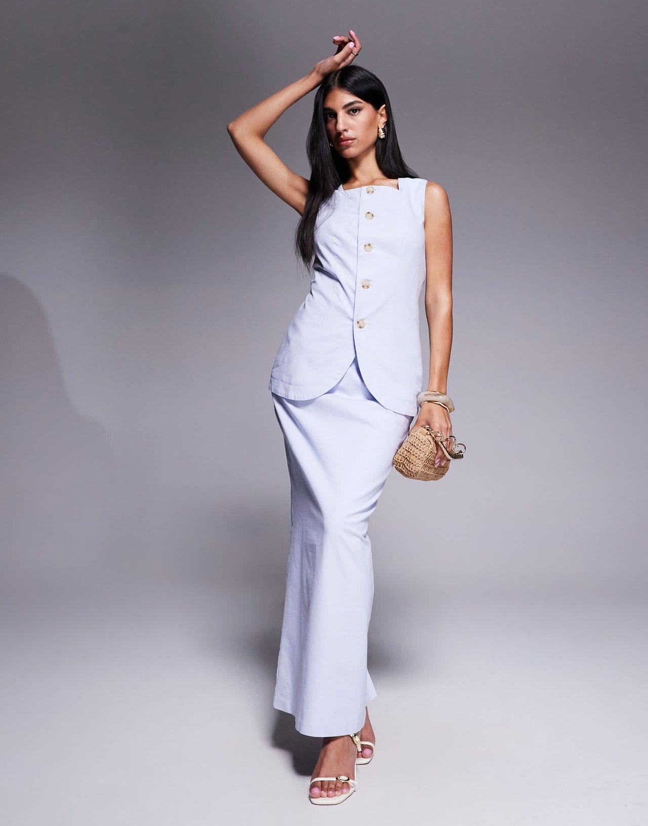 Kaiia exclusive cotton rich linen look back split maxi skirt co-ord in dusty blue