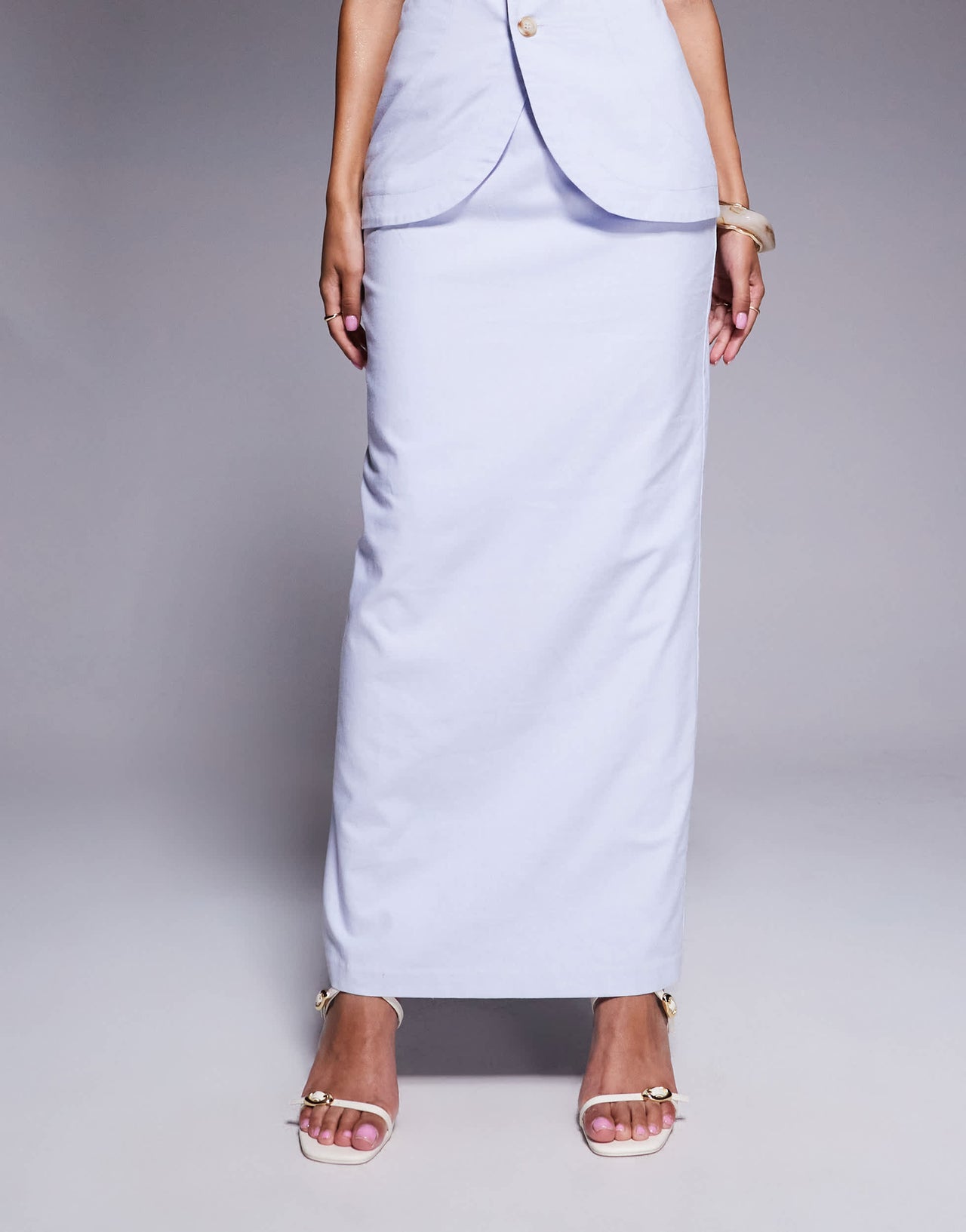 Kaiia exclusive cotton rich linen look back split maxi skirt co-ord in dusty blue