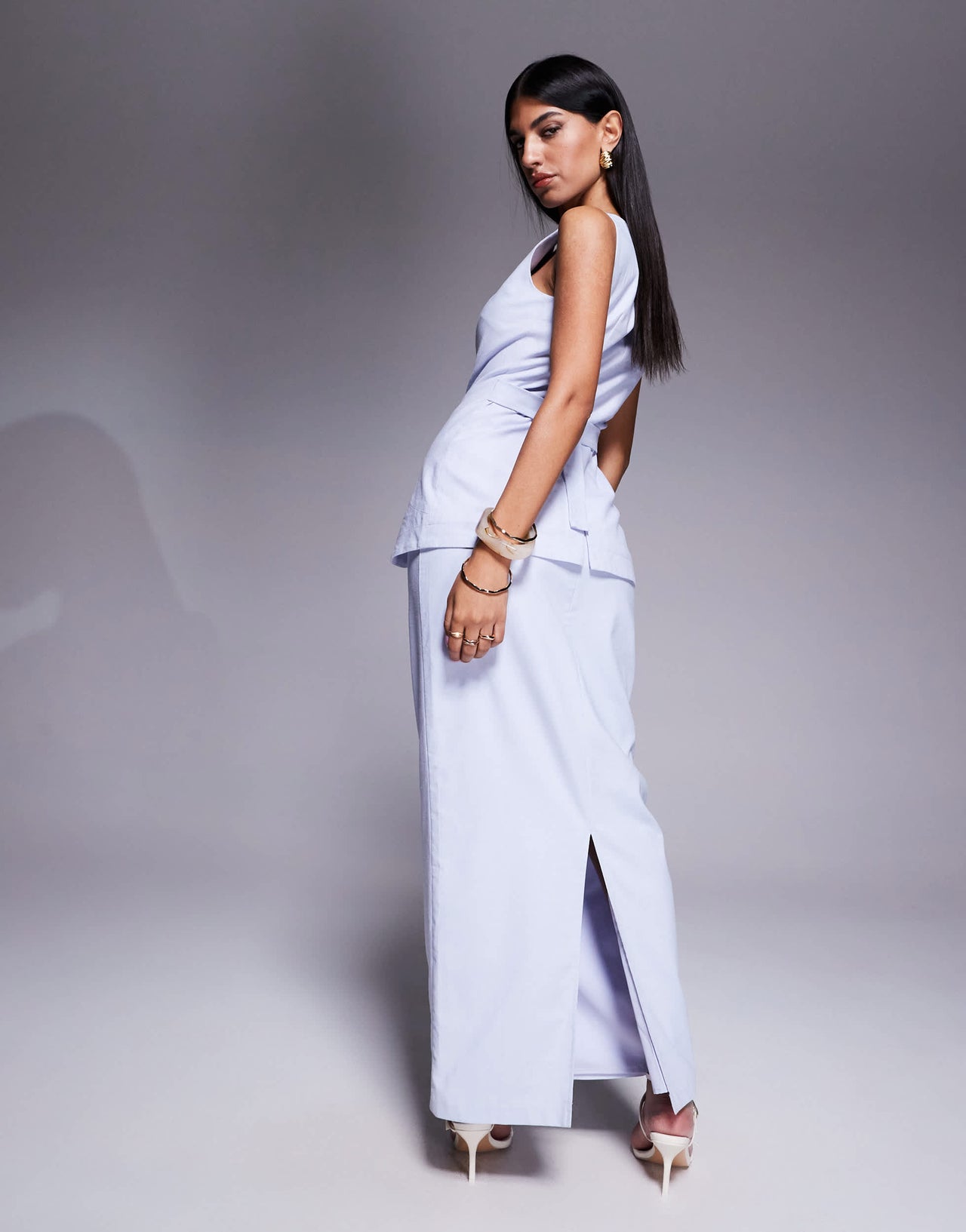 Kaiia exclusive cotton rich linen look back split maxi skirt co-ord in dusty blue