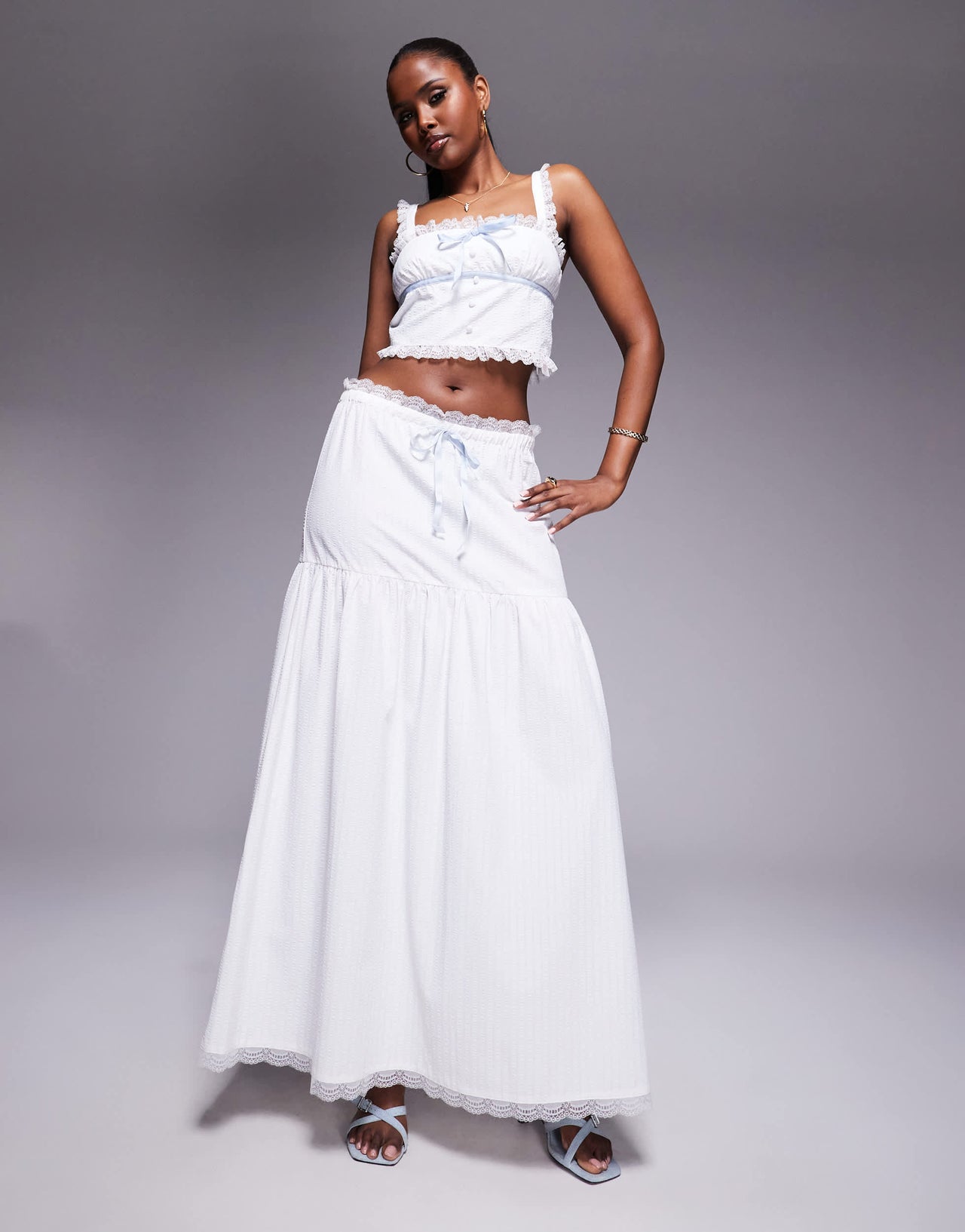 Kaiia exclusive textured lace trim dropped waist blue tie detail maxi skirt co-ord in white