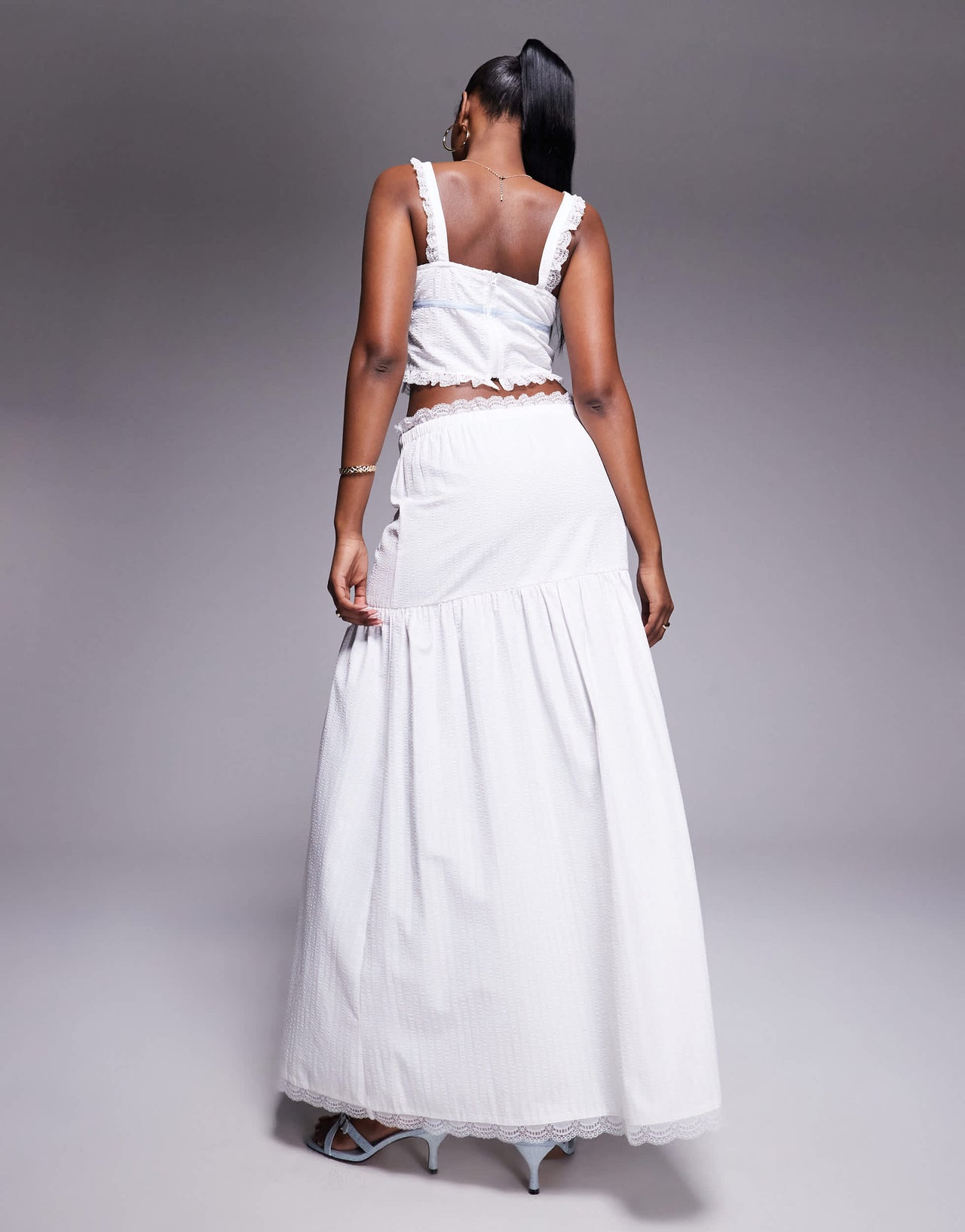 Kaiia exclusive textured lace trim dropped waist blue tie detail maxi skirt co-ord in white