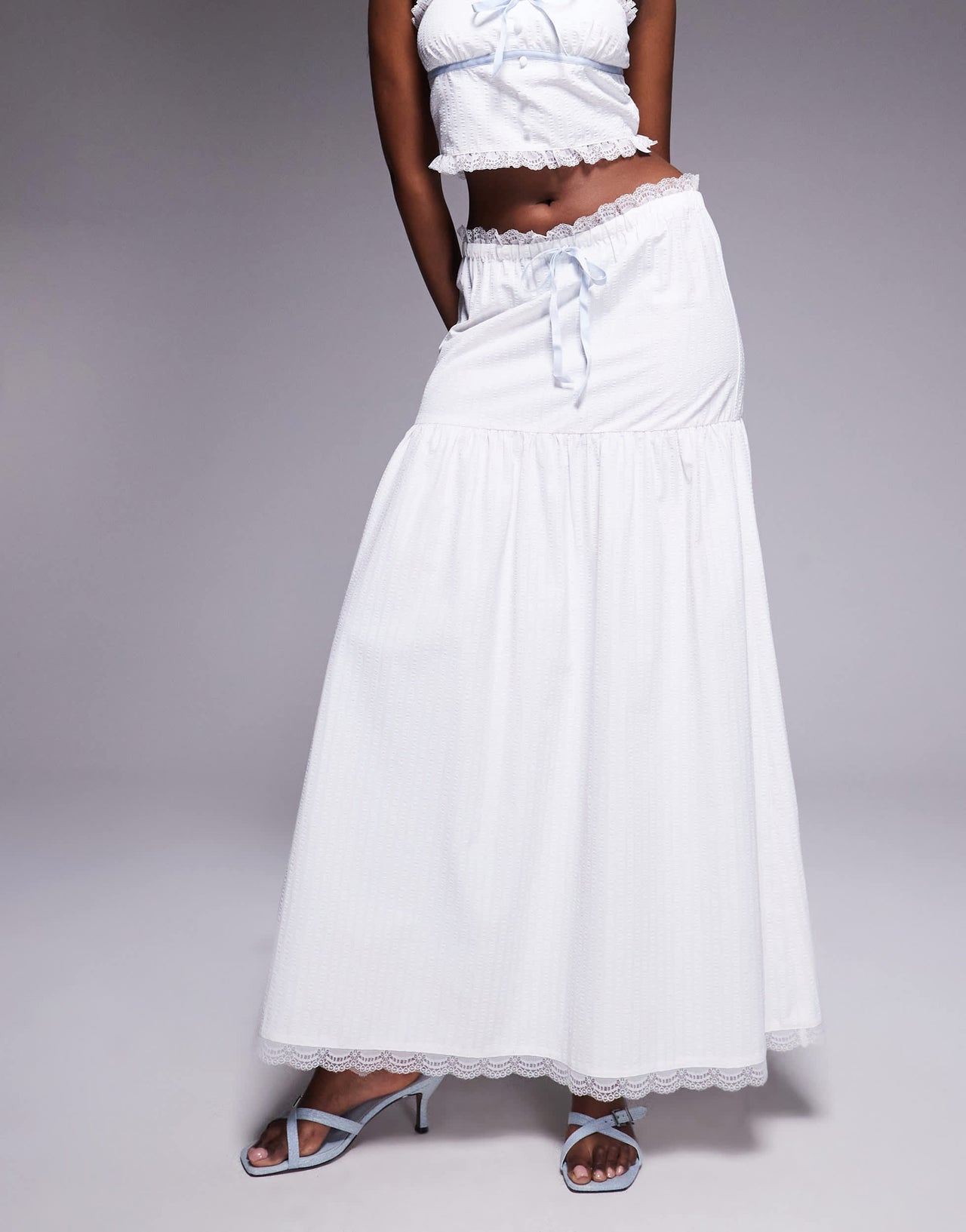 Kaiia exclusive textured lace trim dropped waist blue tie detail maxi skirt co-ord in white