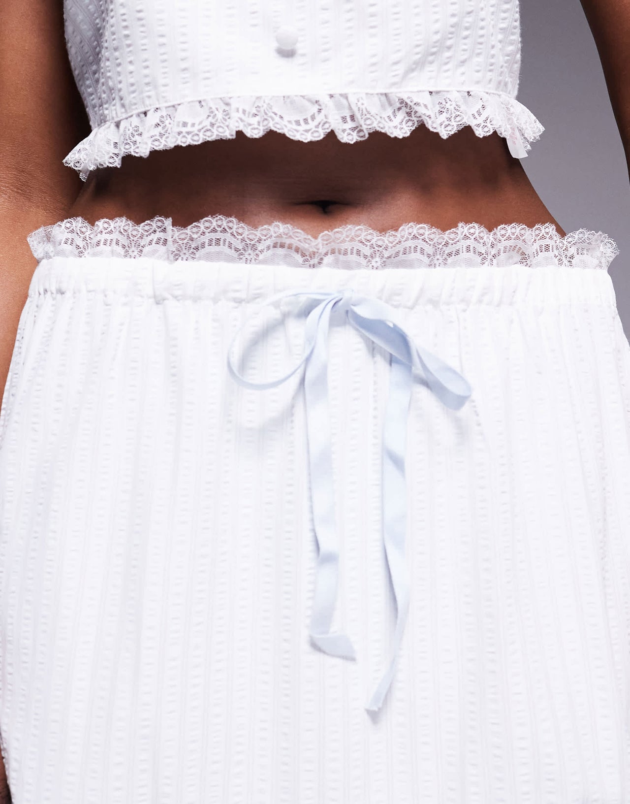 Kaiia exclusive textured lace trim dropped waist blue tie detail maxi skirt co-ord in white