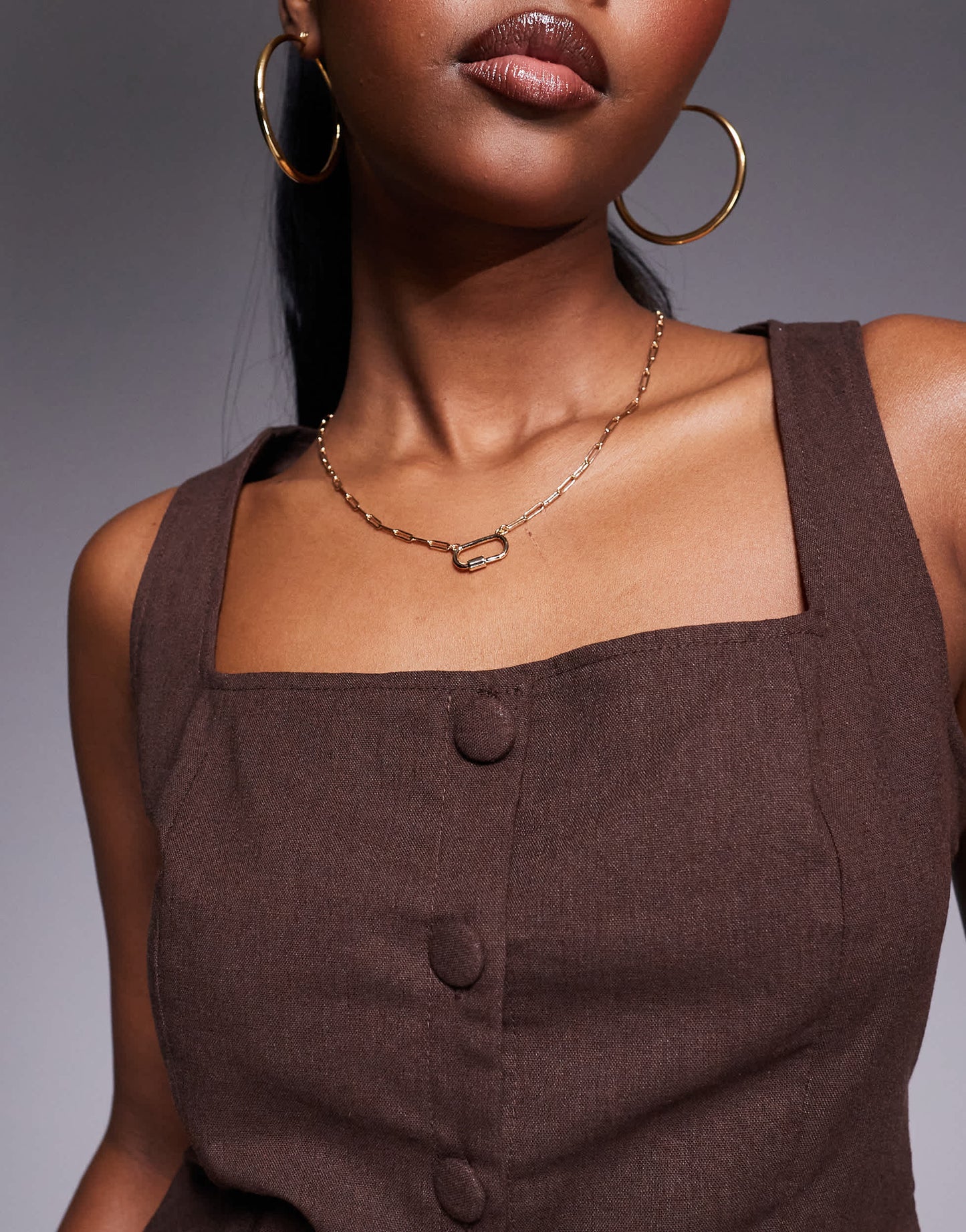 Kaiia exclusive cotton blend linen look square neck waistcoat top co-ord in chocolate brown