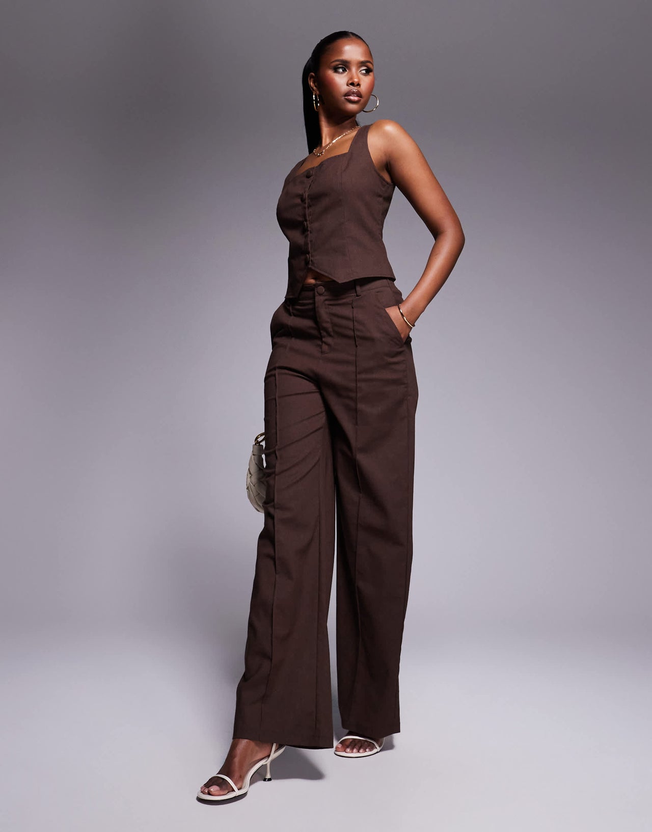 Kaiia exclusive cotton blend linen look square neck waistcoat top co-ord in chocolate brown