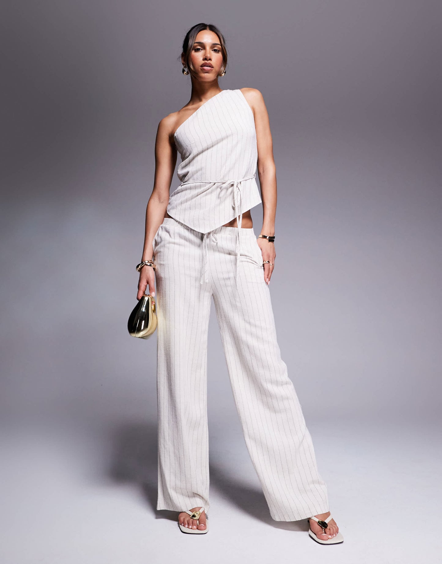 Kaiia exclusive linen look wide leg trouser co-ord in beige pinstripe