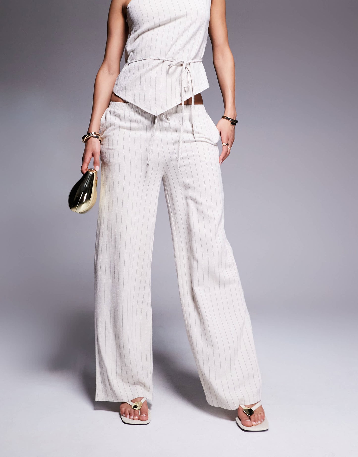 Kaiia exclusive linen look wide leg trouser co-ord in beige pinstripe