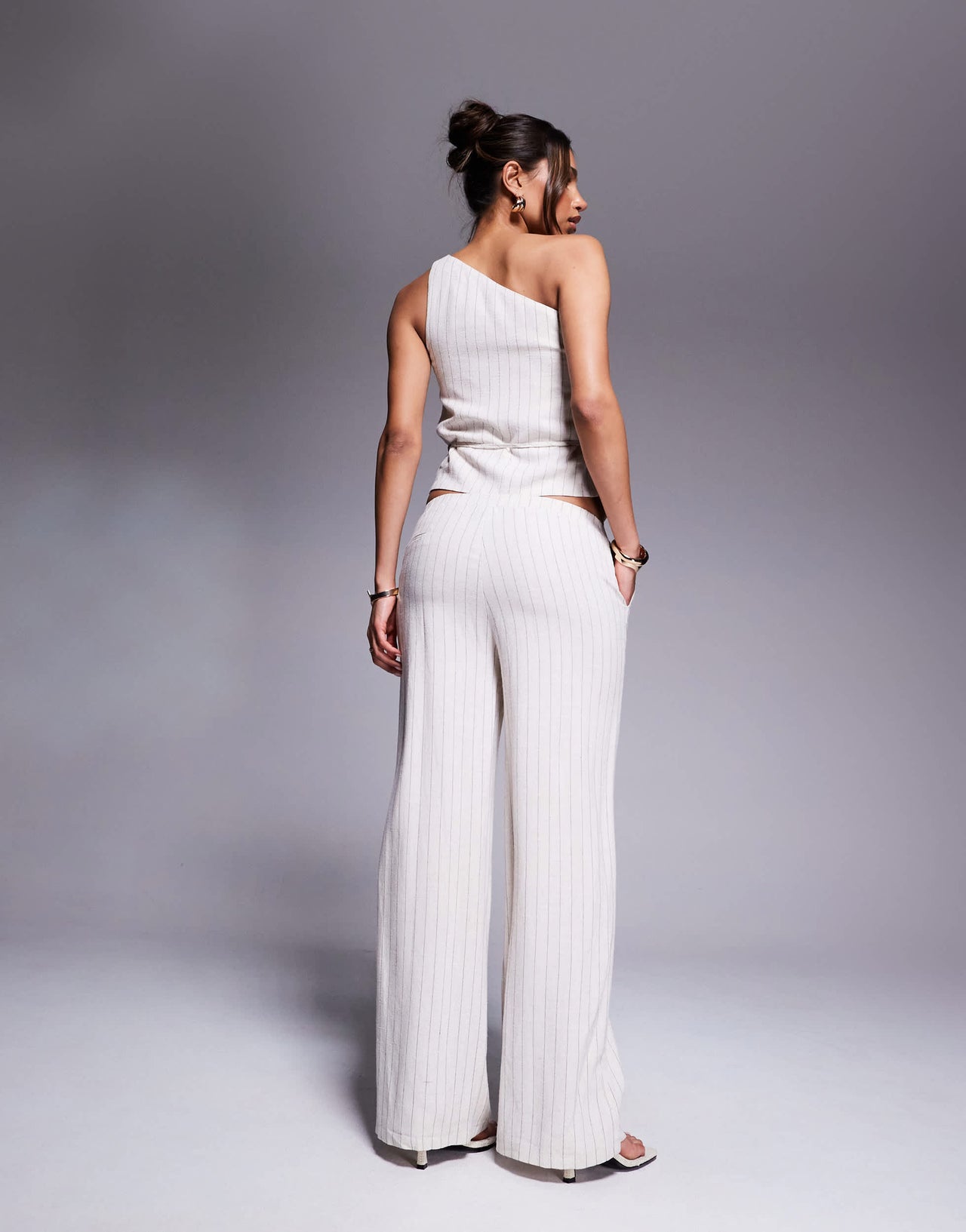 Kaiia exclusive linen look wide leg trouser co-ord in beige pinstripe