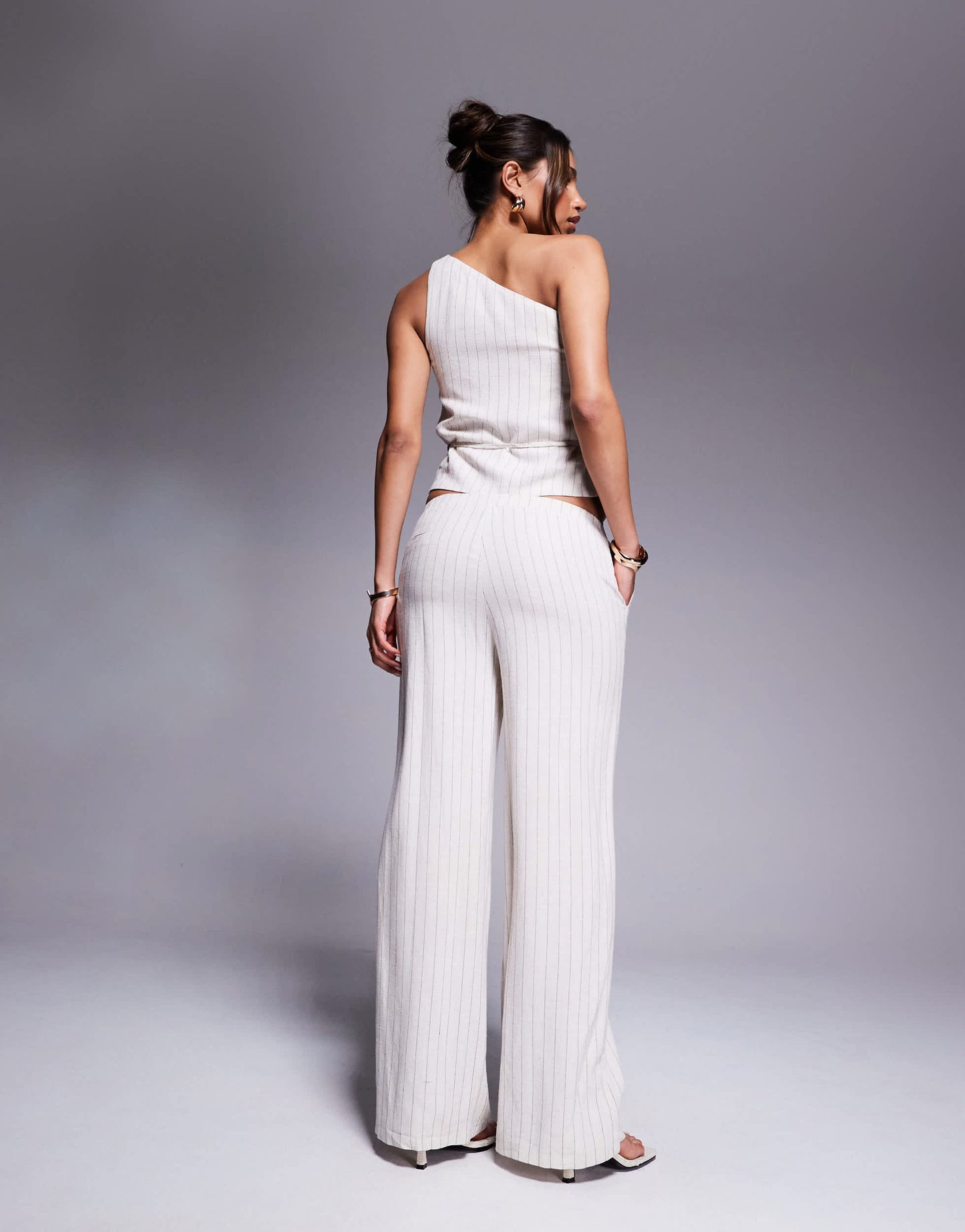 Kaiia exclusive linen look wide leg trouser co-ord in beige pinstripe