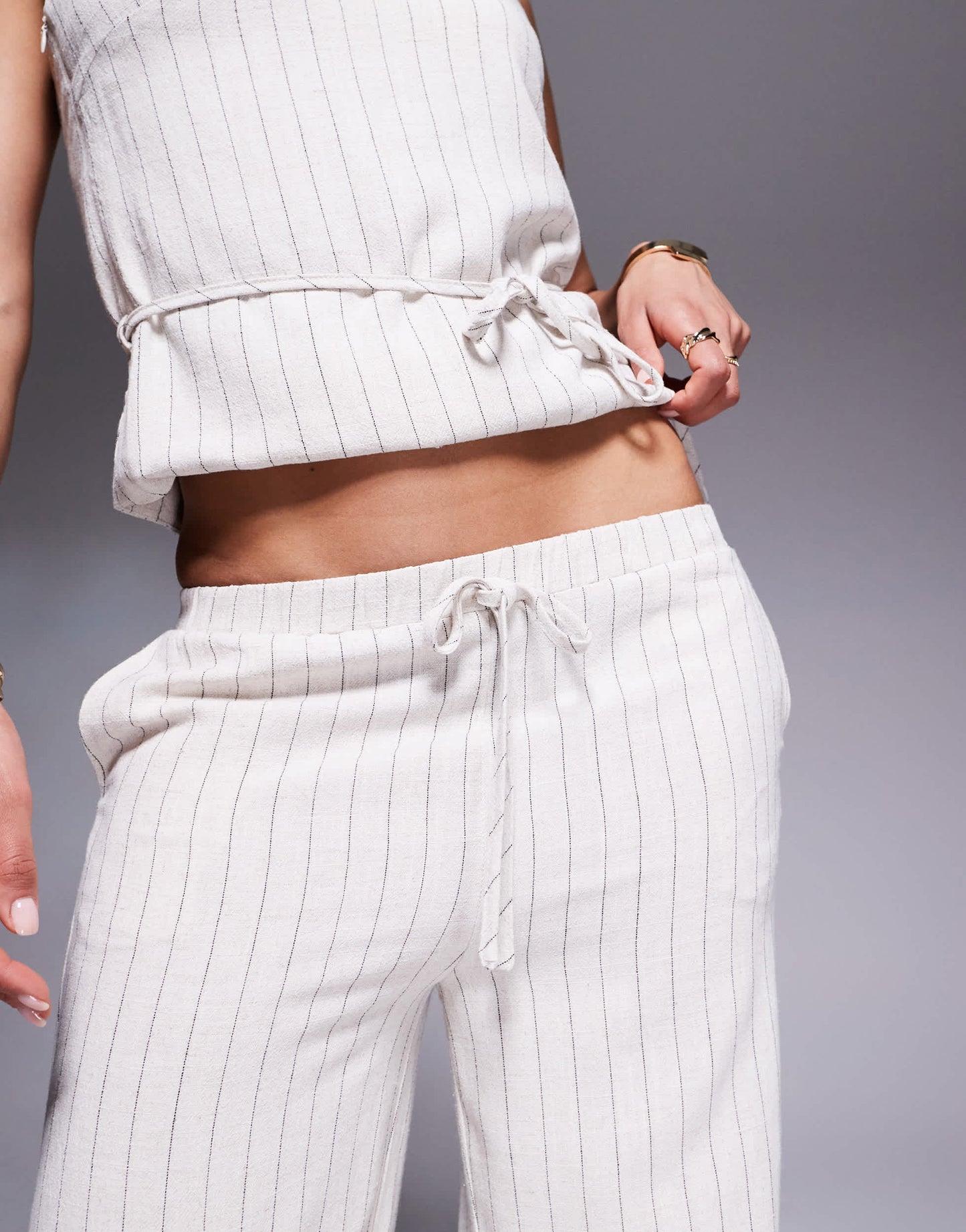 Kaiia exclusive linen look wide leg trouser co-ord in beige pinstripe