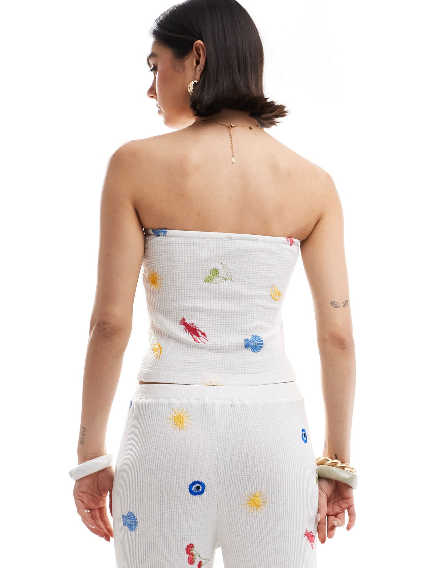 ASOS DESIGN waffle bandeau co-ord in holiday embroidered in white