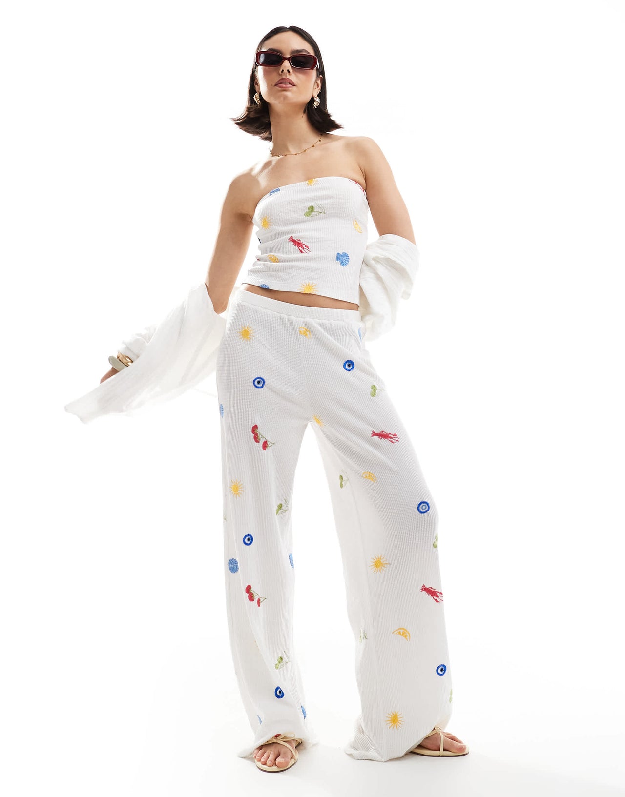 ASOS DESIGN waffle bandeau co-ord in holiday embroidered in white