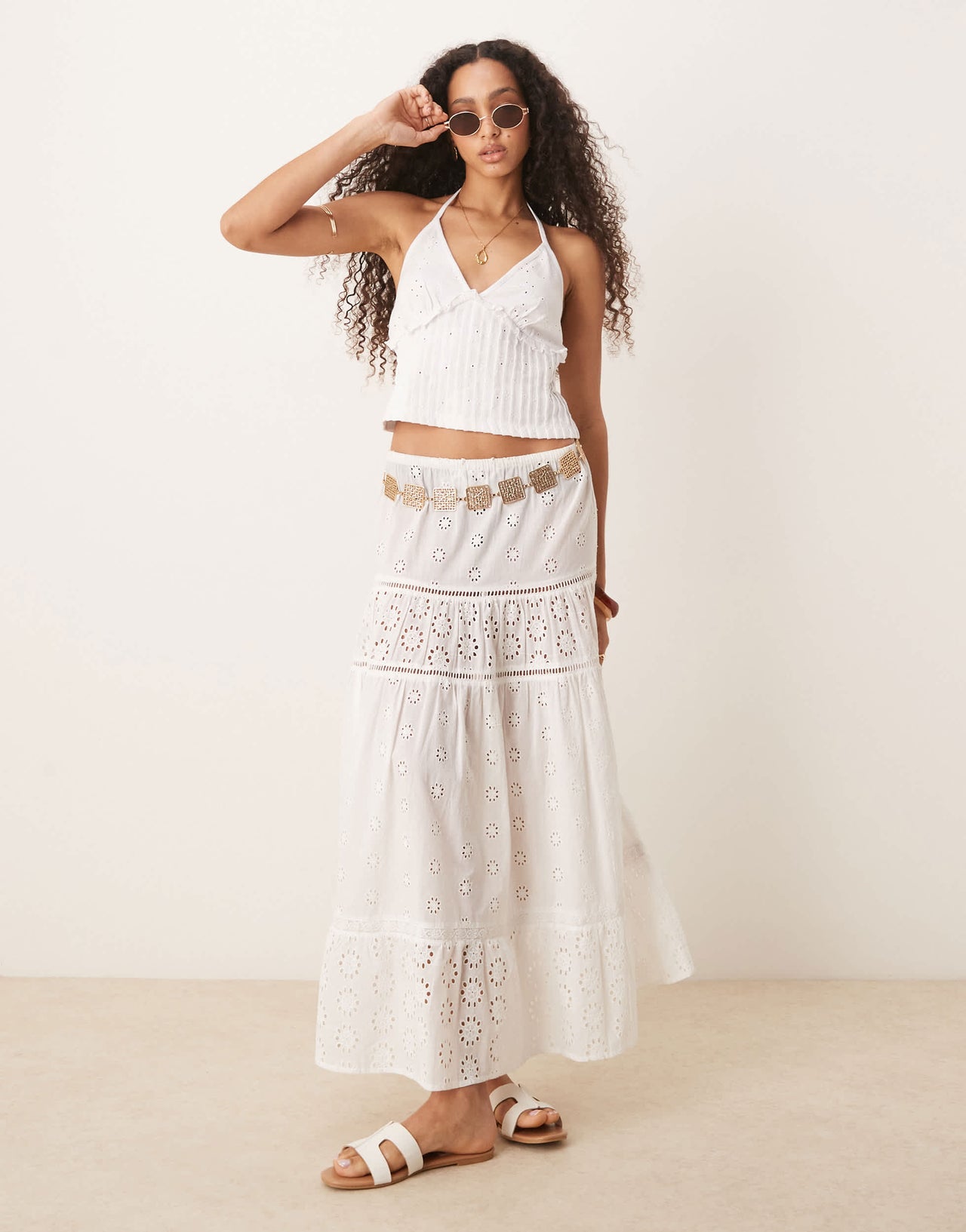 ASOS DESIGN broderie halterneck with pleat detail in white