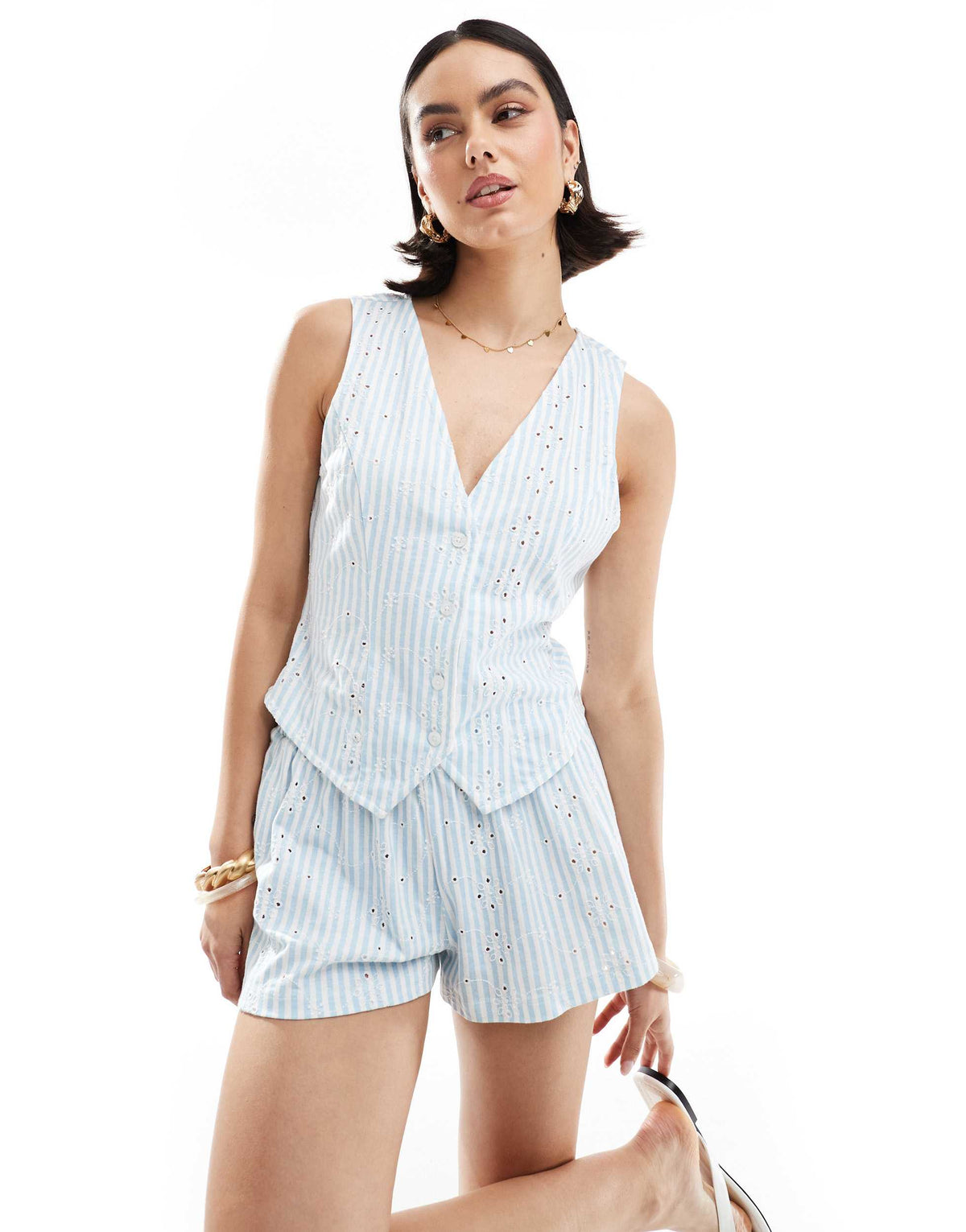 ASOS DESIGN broderie button down waistcoat in blue stripe
