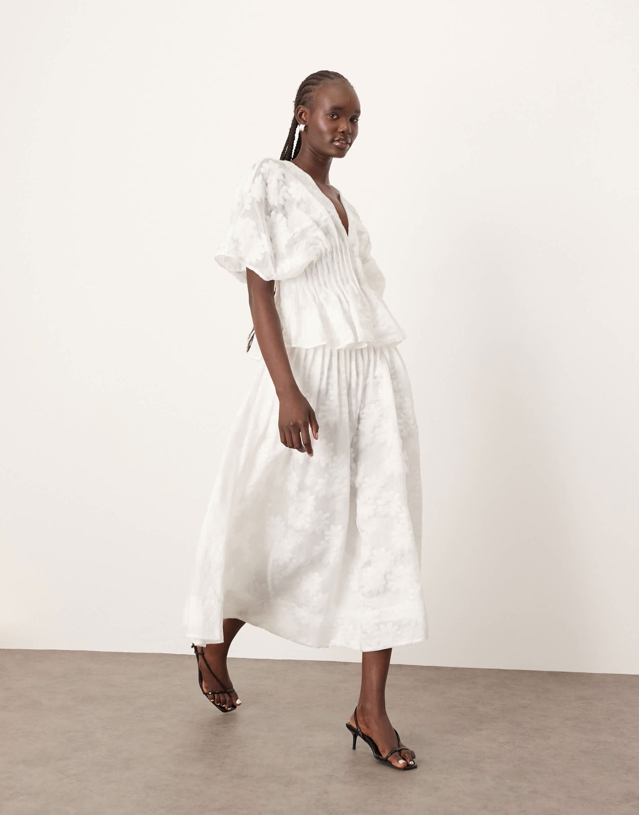 ARRANGE  daisy organza pintuck dropped waist midi skirt co-ord in white