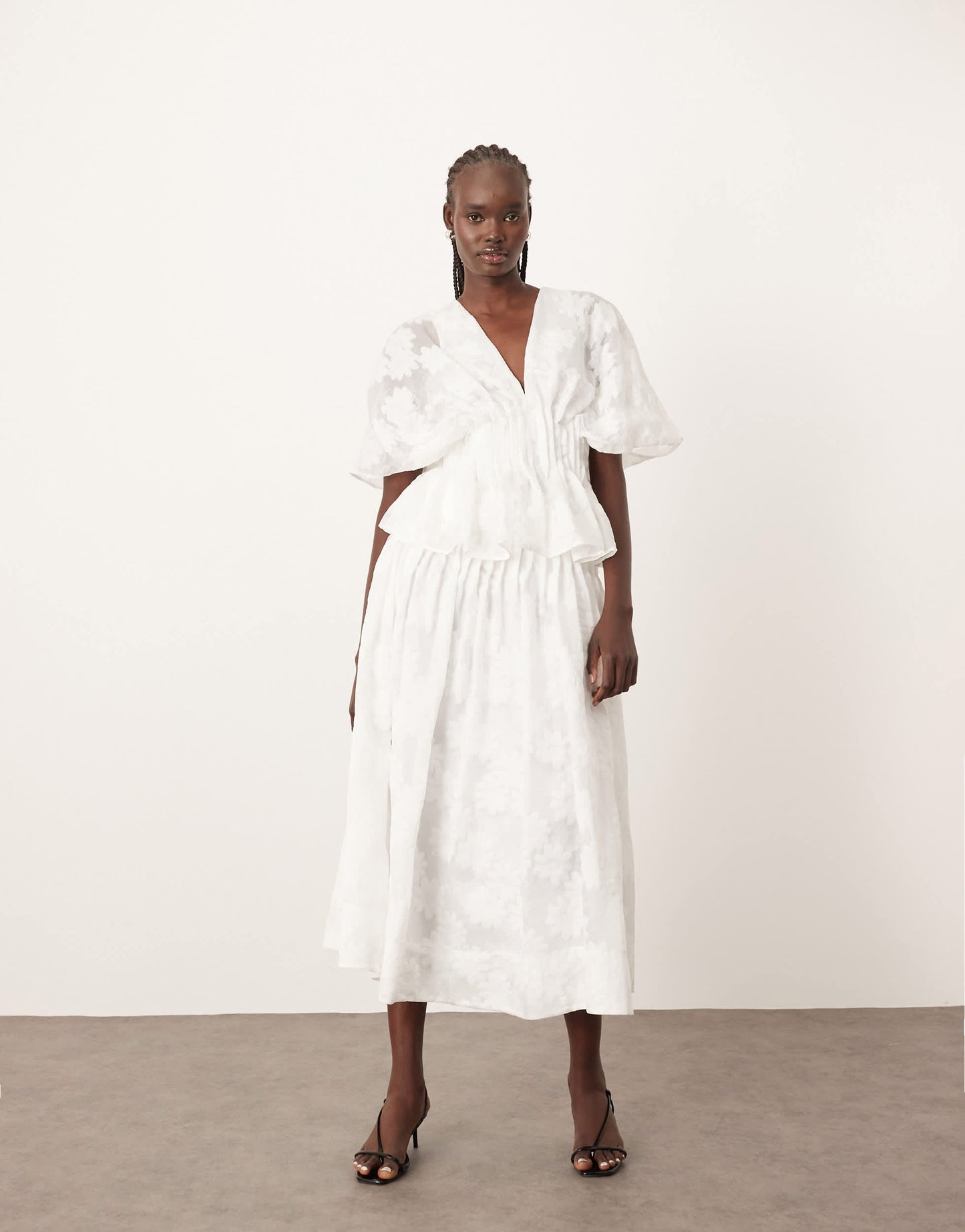 ARRANGE  daisy organza pintuck dropped waist midi skirt co-ord in white
