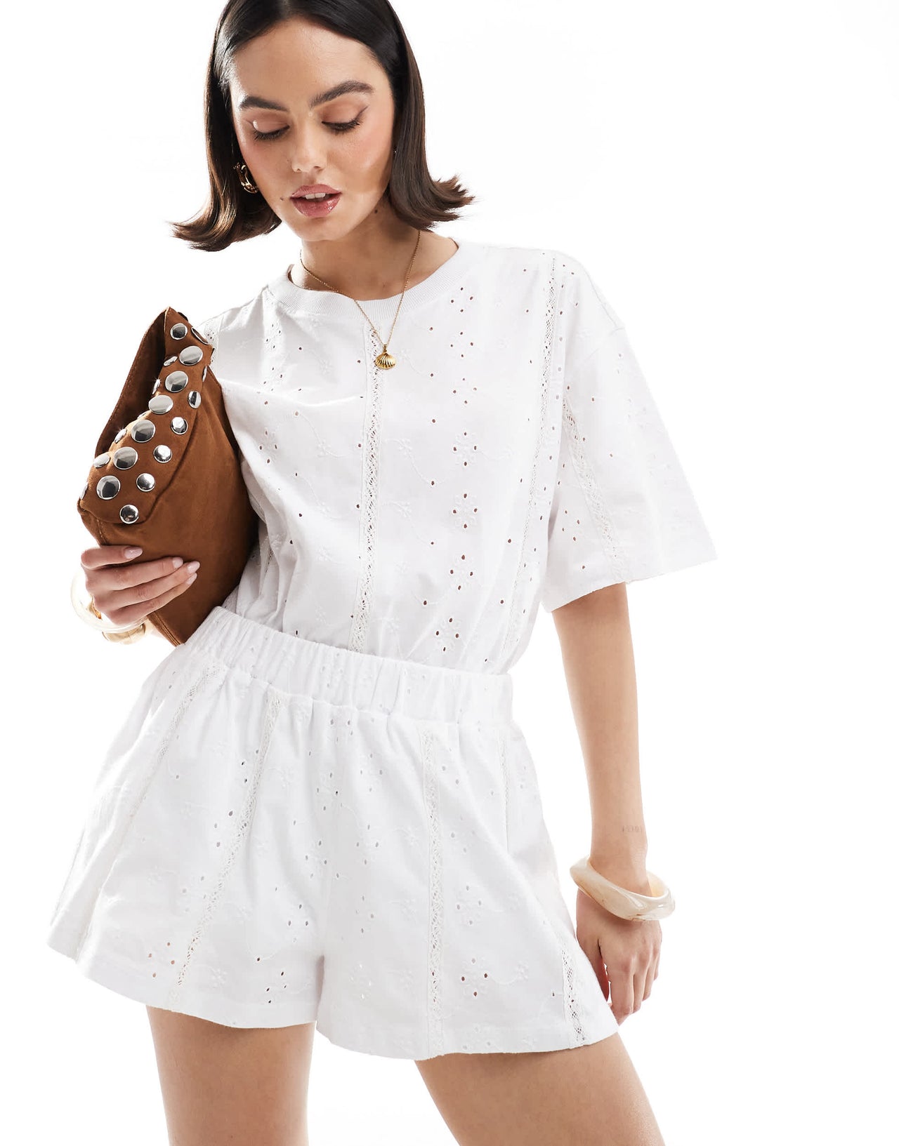 ASOS DESIGN broderie tie waist shorts with lace trim inserts in white