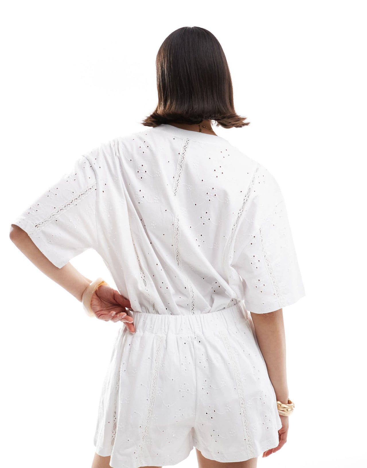 ASOS DESIGN broderie tie waist shorts with lace trim inserts in white