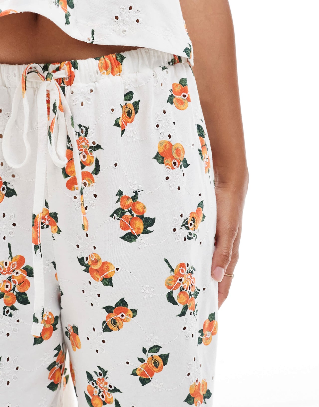 ASOS DESIGN broderie pyjama style trouser co-ord with tie waist in white orange print