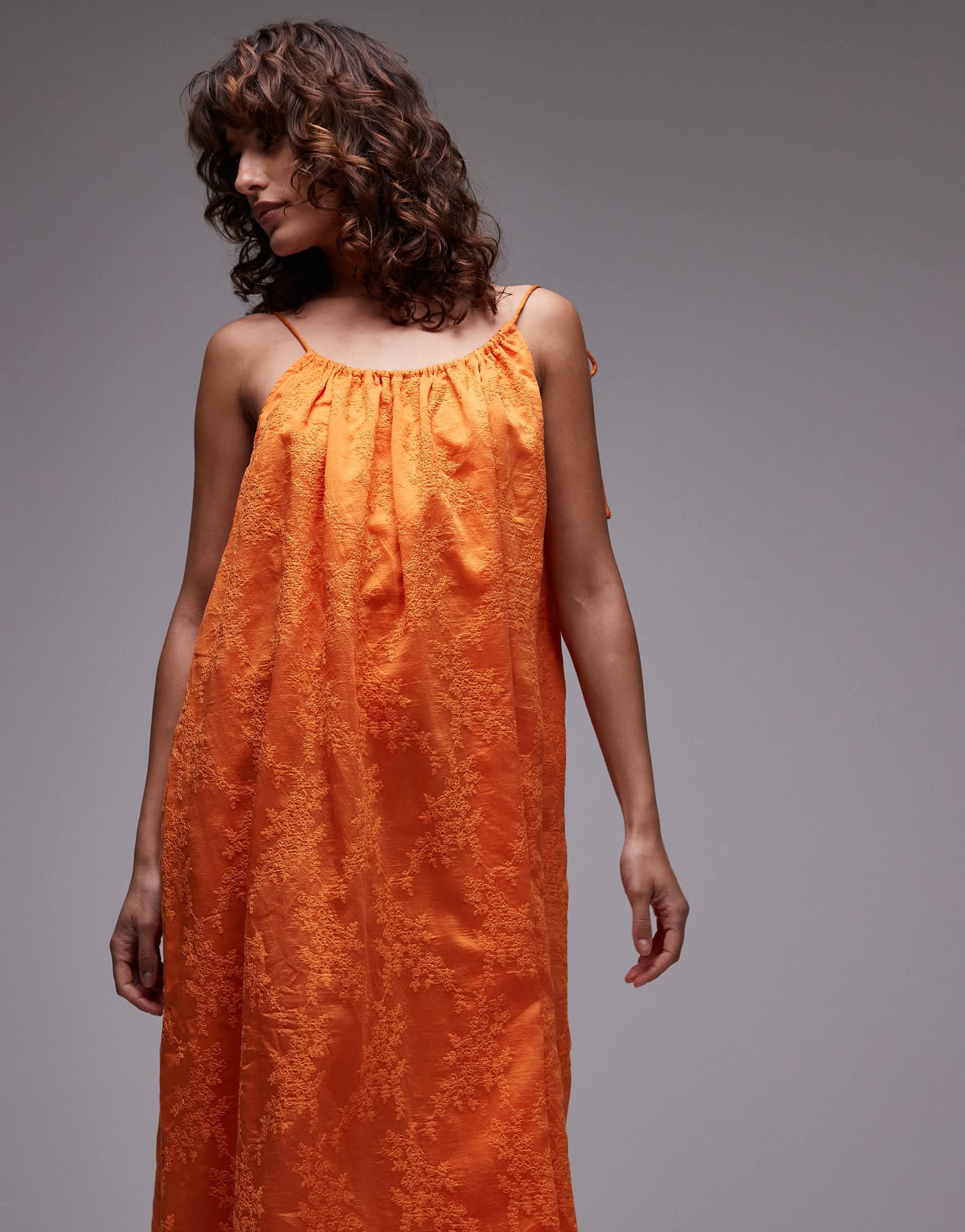 Topshop embroidered midi dress in orange