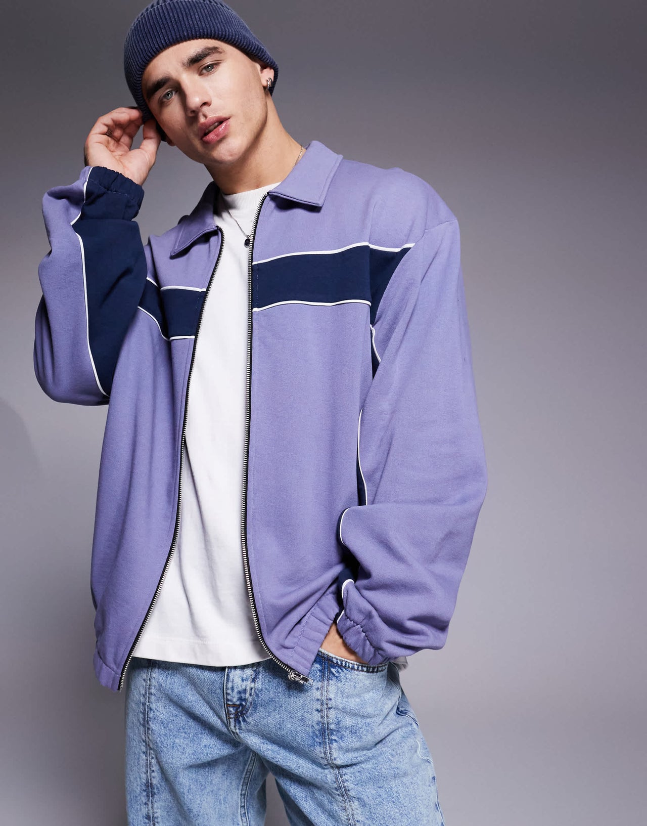 ASOS DESIGN oversized harrington track jacket with panels in blue - BROWN
