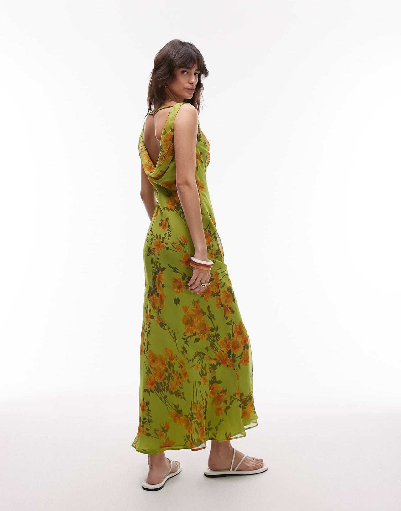 Topshop built up double layered cowl neck maxi dress in green floral