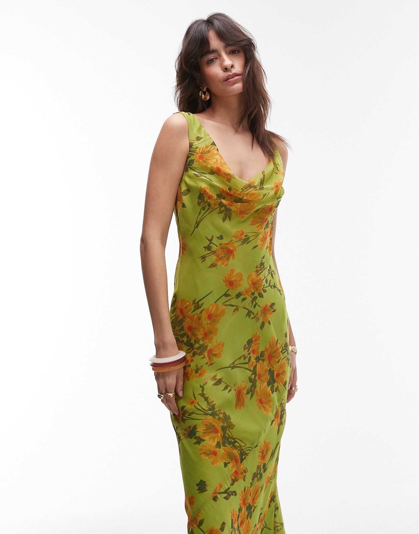 Topshop built up double layered cowl neck maxi dress in green floral
