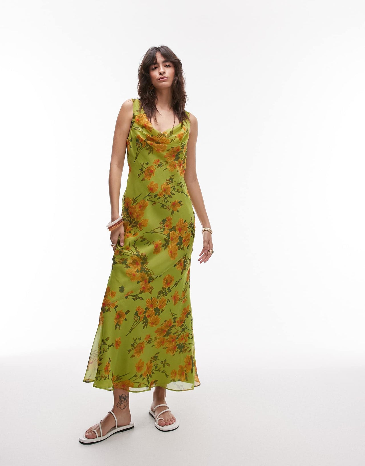 Topshop built up double layered cowl neck maxi dress in green floral